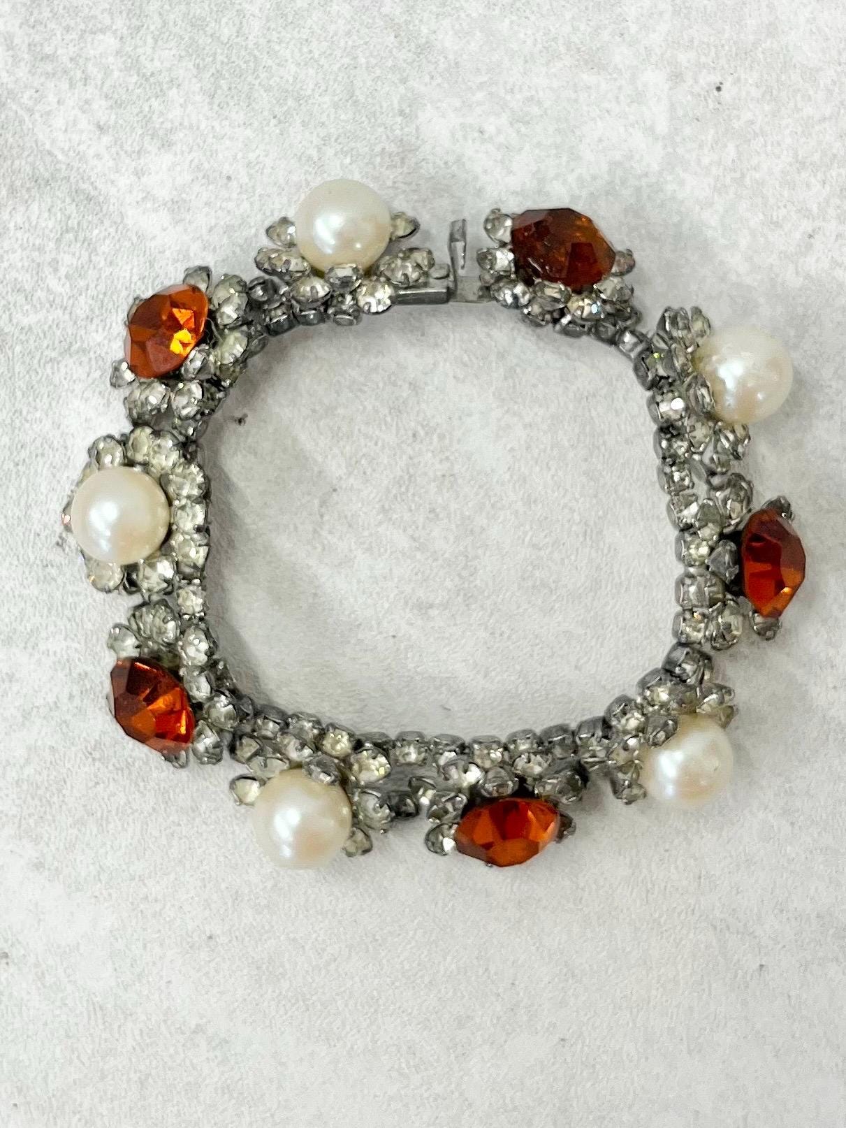 Vintage 1950’s Exquisite Orange & Clear Austrian Crystal Floral Cluster Statement Bracelet with Glass Pearl Accents Costume Jewellery 7.25” MillyOliverVintage
