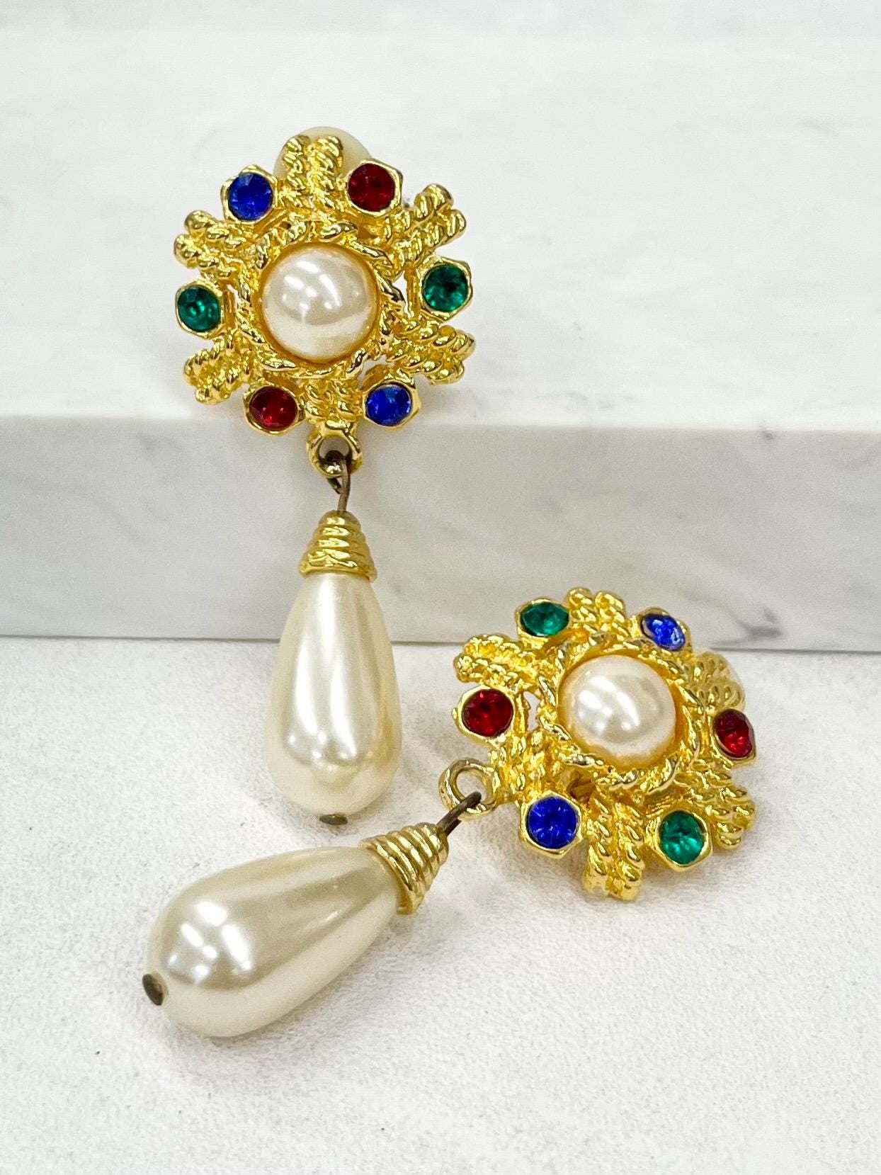Vintage Pearl Drop Crystal Set Clip On Earrings in a Gold Tone Setting Hollywood Glamour 1980’s - 1990’s MillyOliverVintage