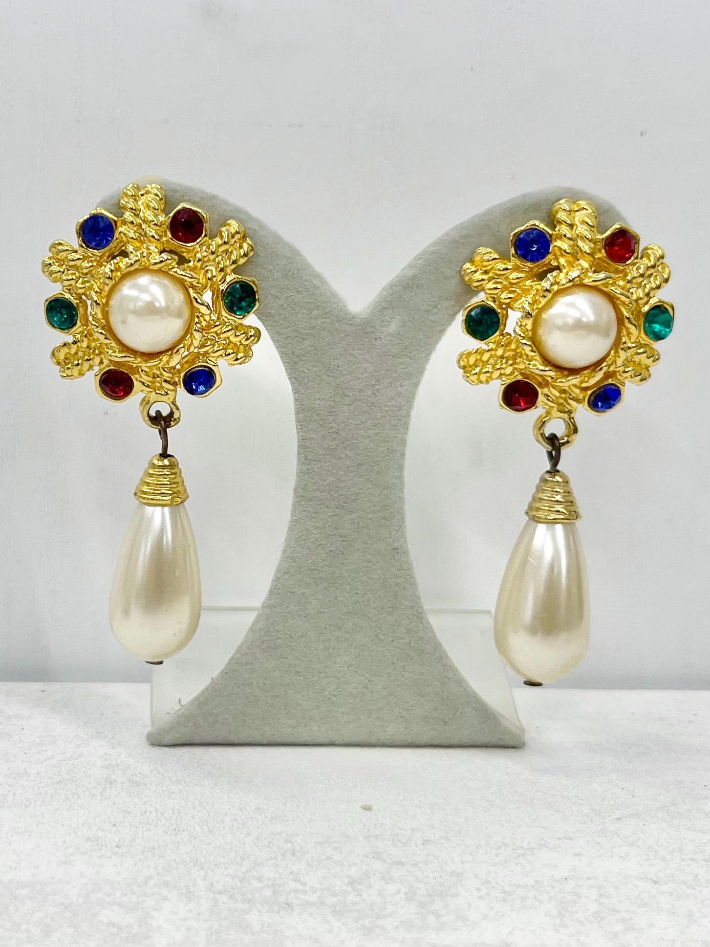 Vintage Pearl Drop Crystal Set Clip On Earrings in a Gold Tone Setting Hollywood Glamour 1980’s - 1990’s MillyOliverVintage