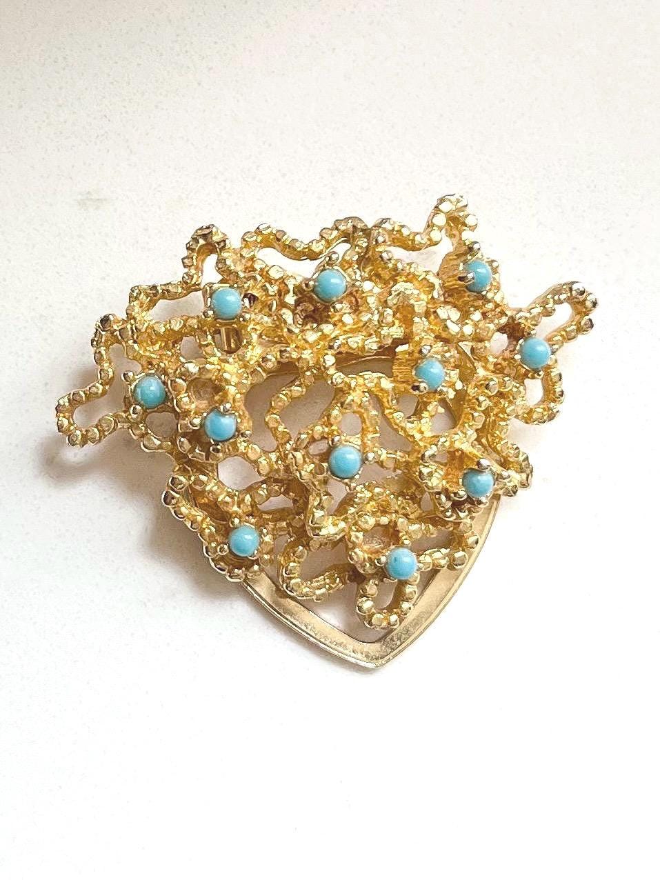 Vintage Gold Tone Brutalist Scarf Clip with Turquoise Blue Glass Cabochon Accents MillyOliverVintage