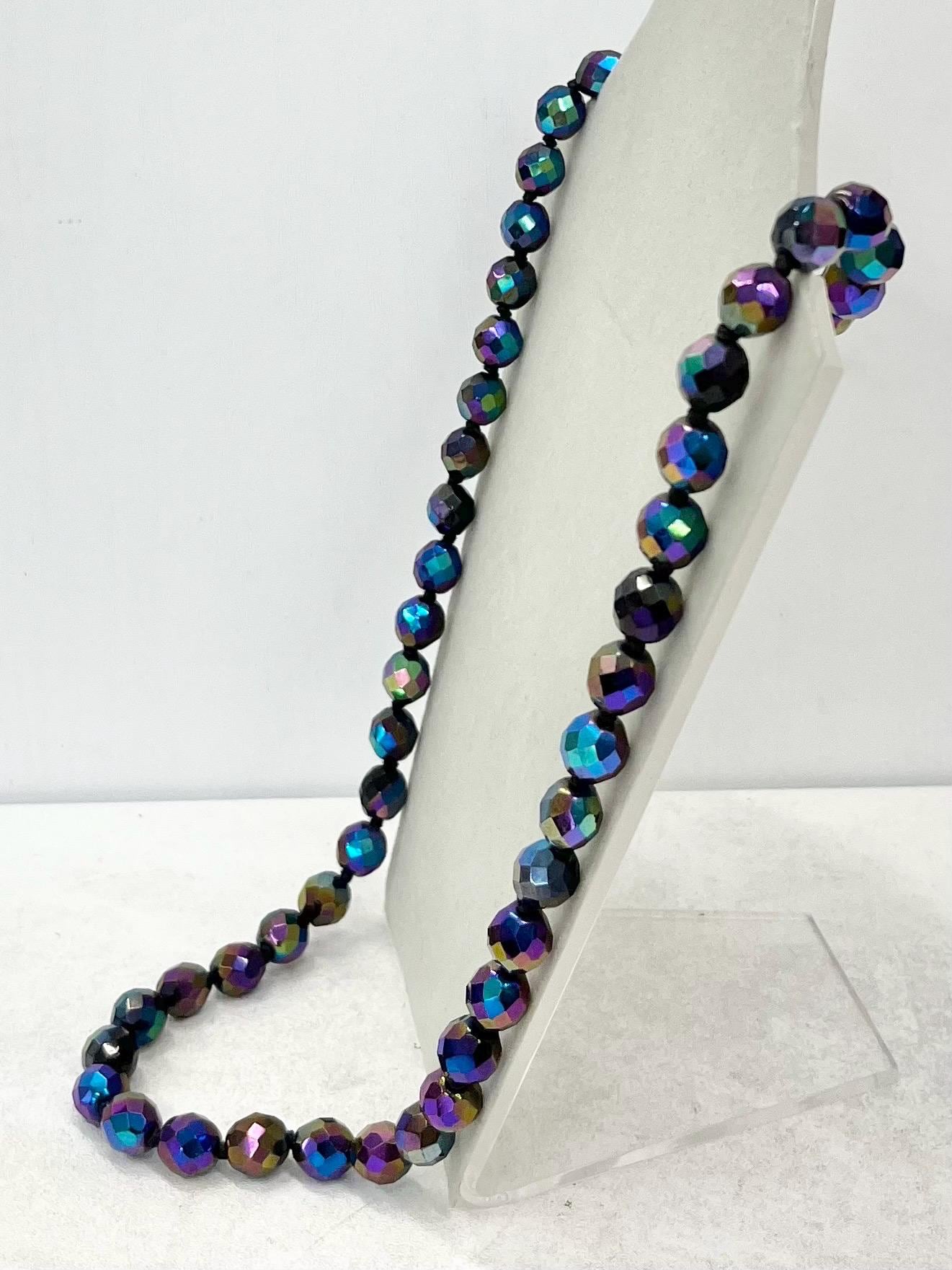 Vintage Handknotted AB Purple Iris Czech Carnival Glass Faceted Bead Necklace Excellent Quality Beads Vintage Jewellery 25” Long MillyOliverVintage