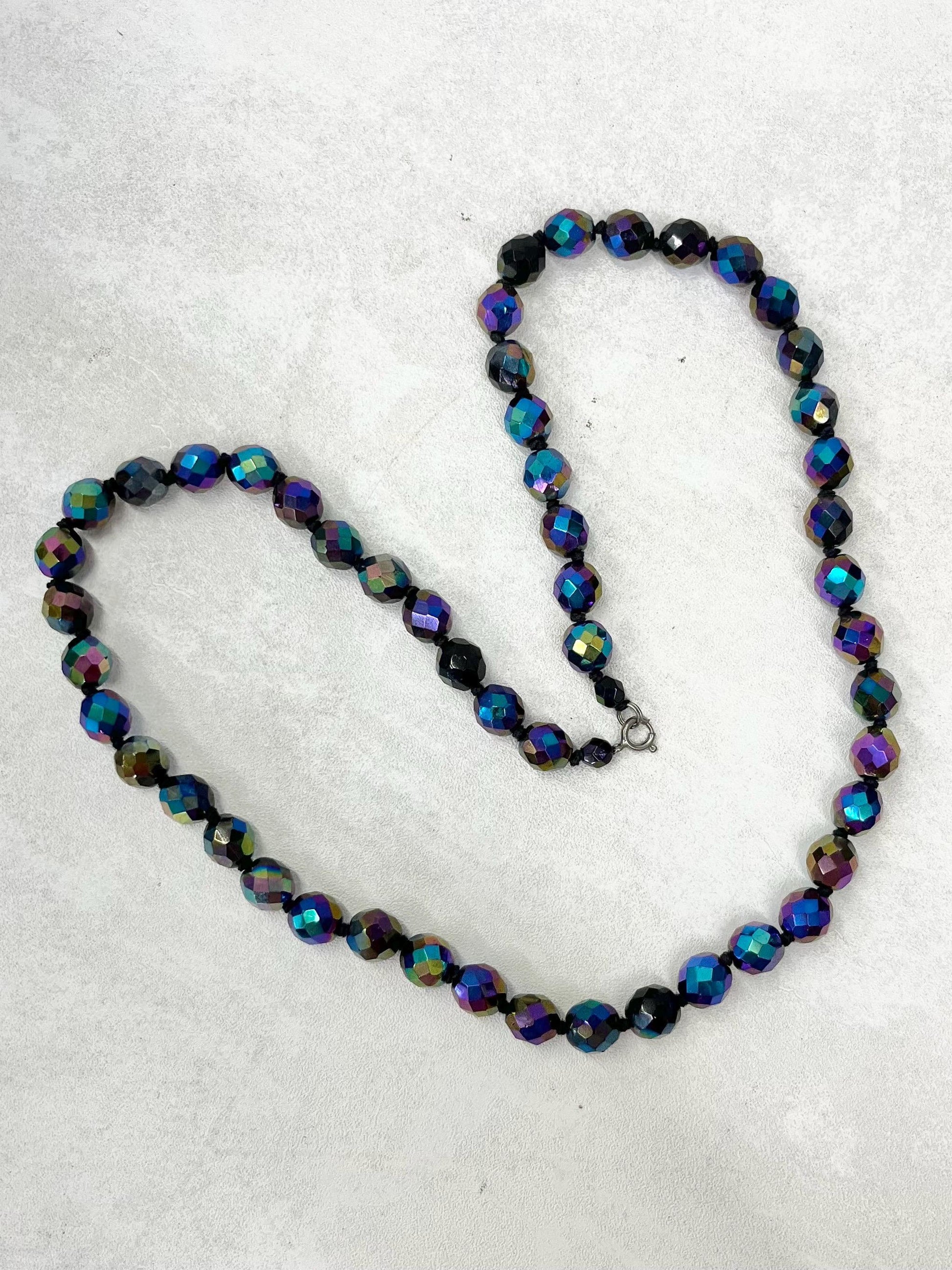 Vintage Handknotted AB Purple Iris Czech Carnival Glass Faceted Bead Necklace Excellent Quality Beads Vintage Jewellery 25” Long MillyOliverVintage