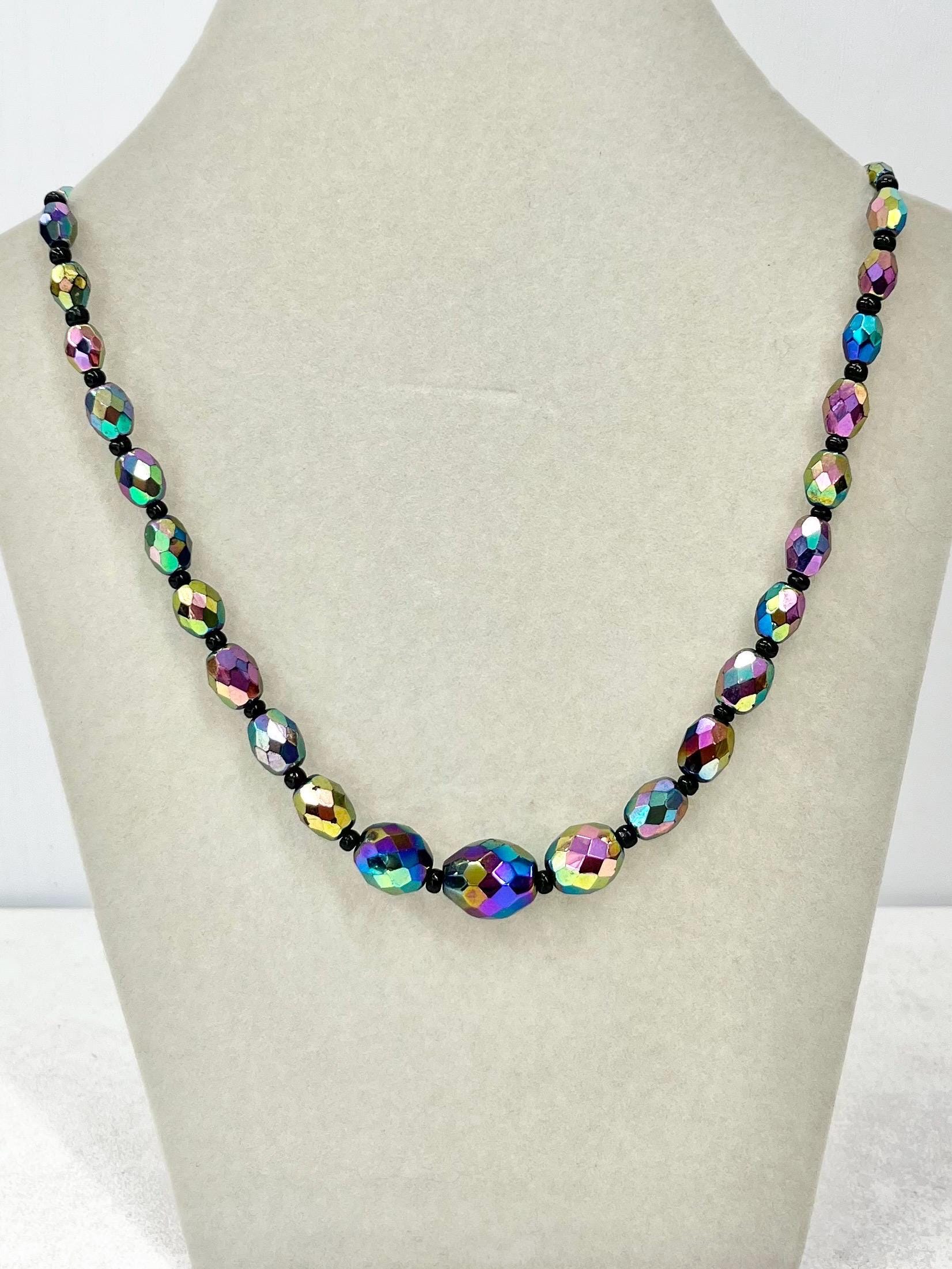 Vintage AB Purple Iris Czech Carnival Glass Faceted Graduated Oval Bead Necklace Excellent Quality Beads Vintage Jewellery 18” Long MillyOliverVintage