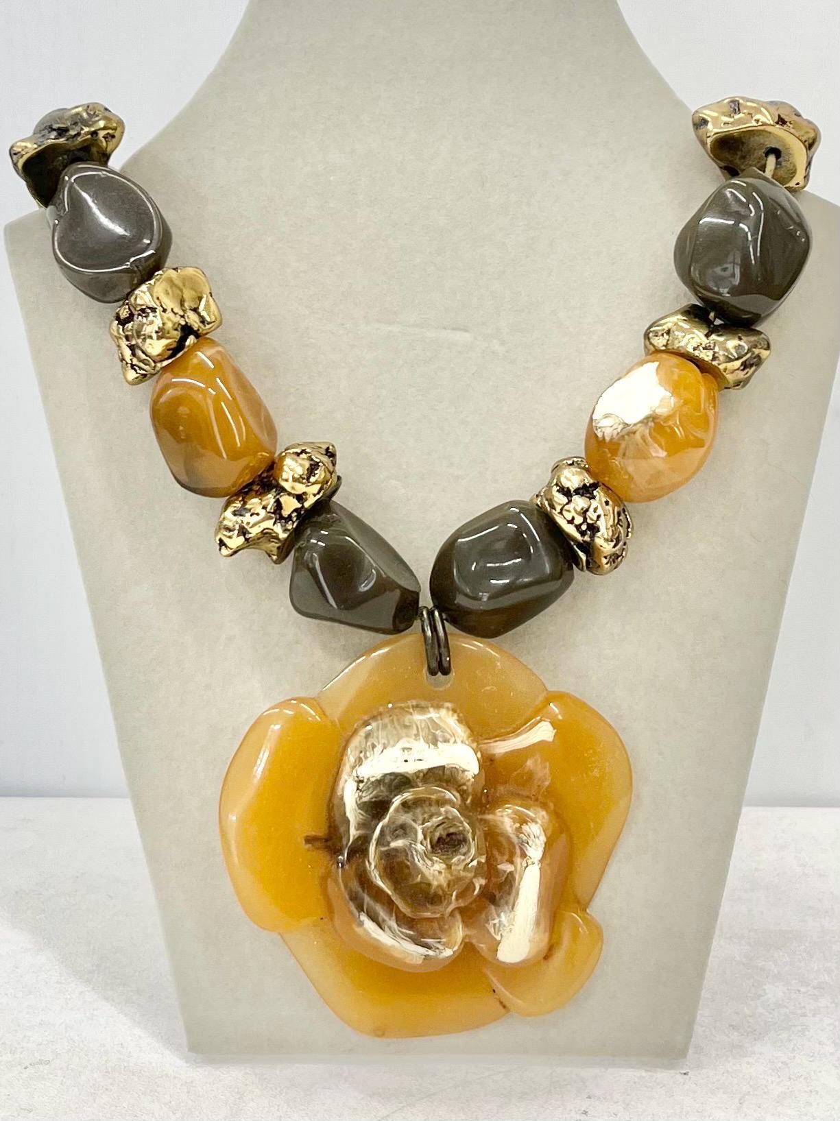 Vintage Over Sized Chunky Flower Drop Acrylic / Resin Necklace in Browns and Golds 20” with a 2” Extender Chain MillyOliverVintage