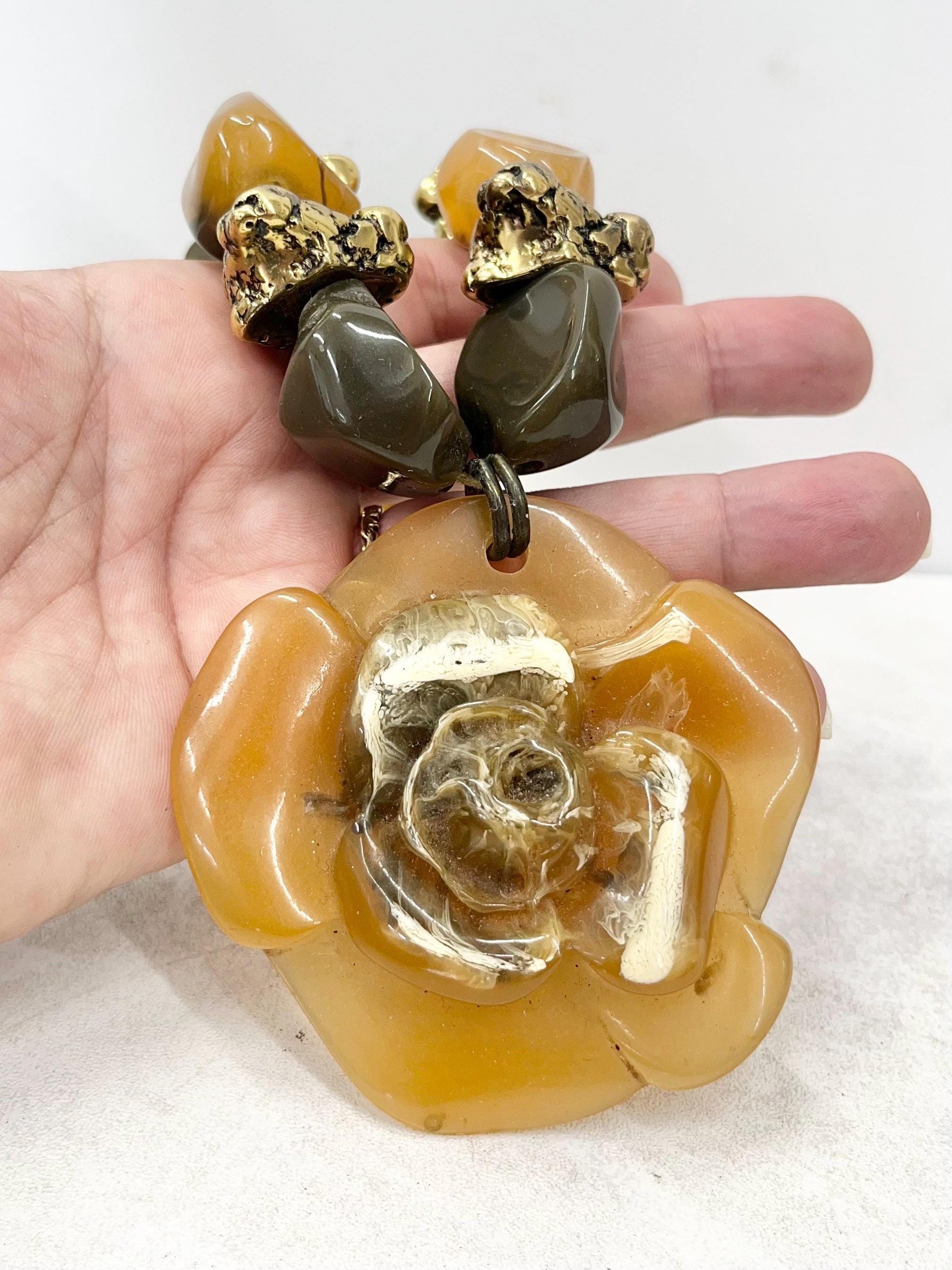 Vintage Over Sized Chunky Flower Drop Acrylic / Resin Necklace in Browns and Golds 20” with a 2” Extender Chain MillyOliverVintage