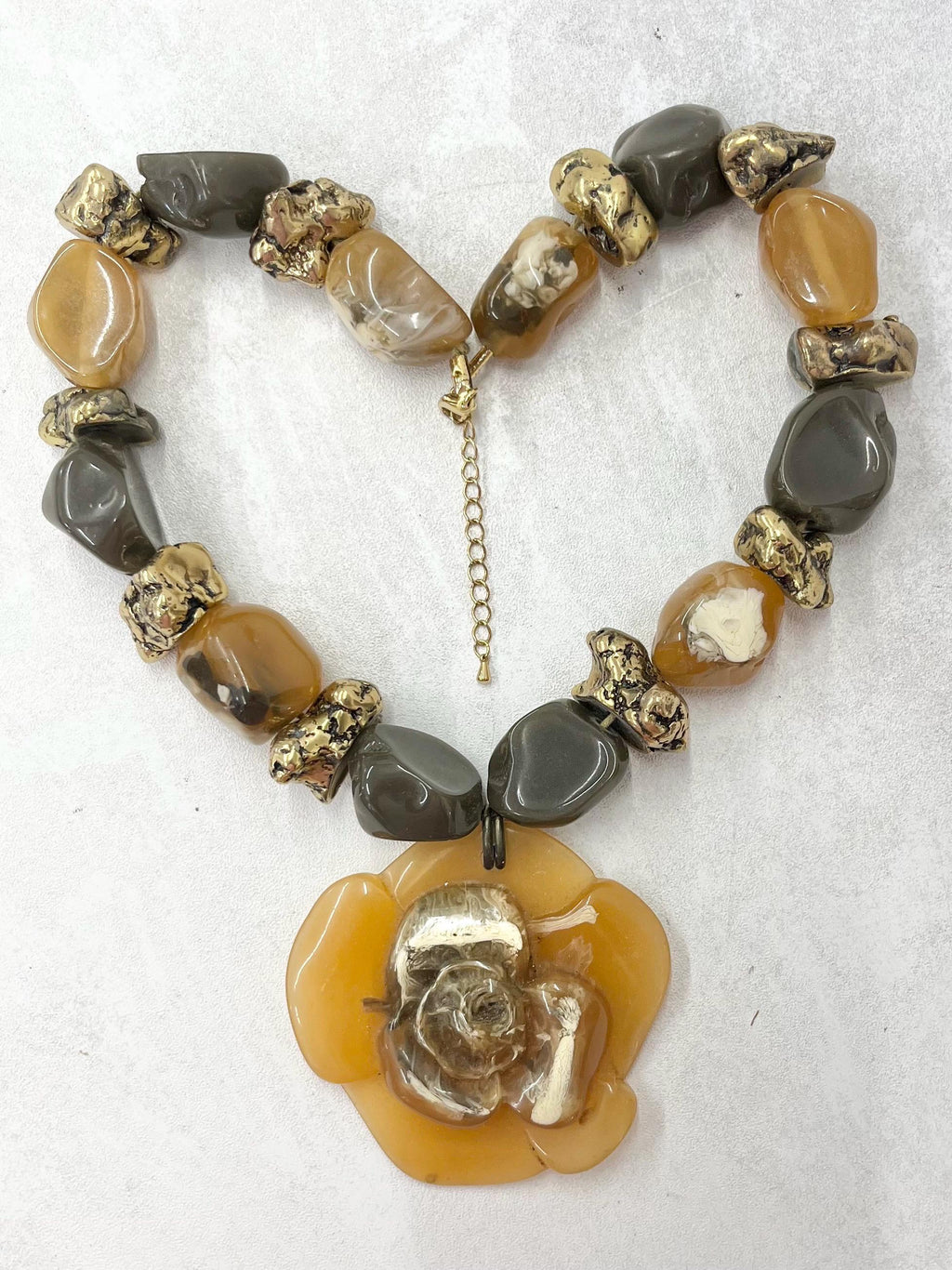 Vintage Over Sized Chunky Flower Drop Acrylic / Resin Necklace in Browns and Golds 20” with a 2” Extender Chain MillyOliverVintage
