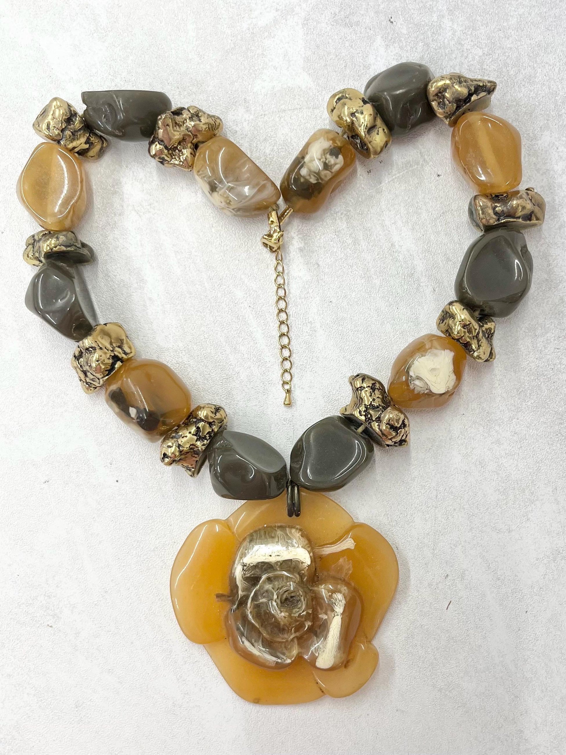 Vintage Over Sized Chunky Flower Drop Acrylic / Resin Necklace in Browns and Golds 20” with a 2” Extender Chain MillyOliverVintage