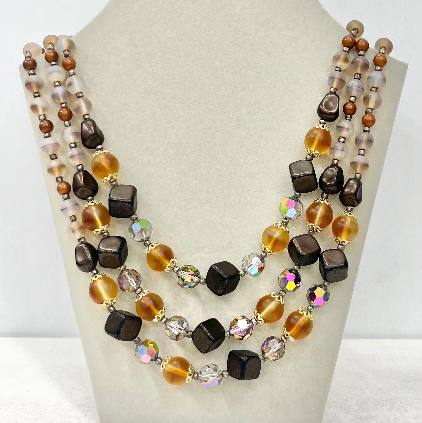 Vintage 1960’s Three Strand Czech Glass Bead and Crystal Necklace in Golden & Brown Tones Vintage Jewellery 14” Long with a 3” Extender MillyOliverVintage