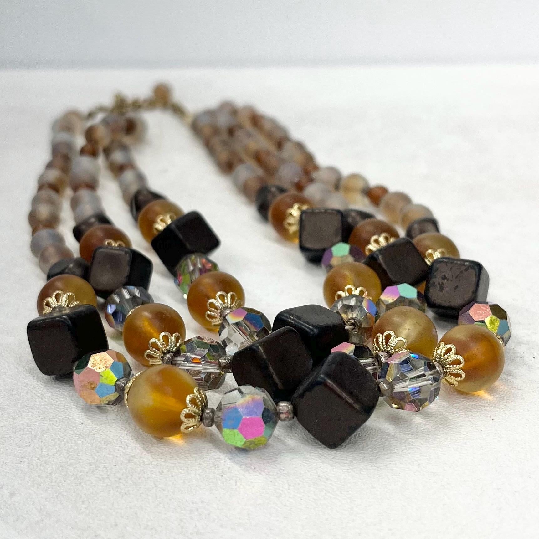 Vintage 1960’s Three Strand Czech Glass Bead and Crystal Necklace in Golden & Brown Tones Vintage Jewellery 14” Long with a 3” Extender MillyOliverVintage