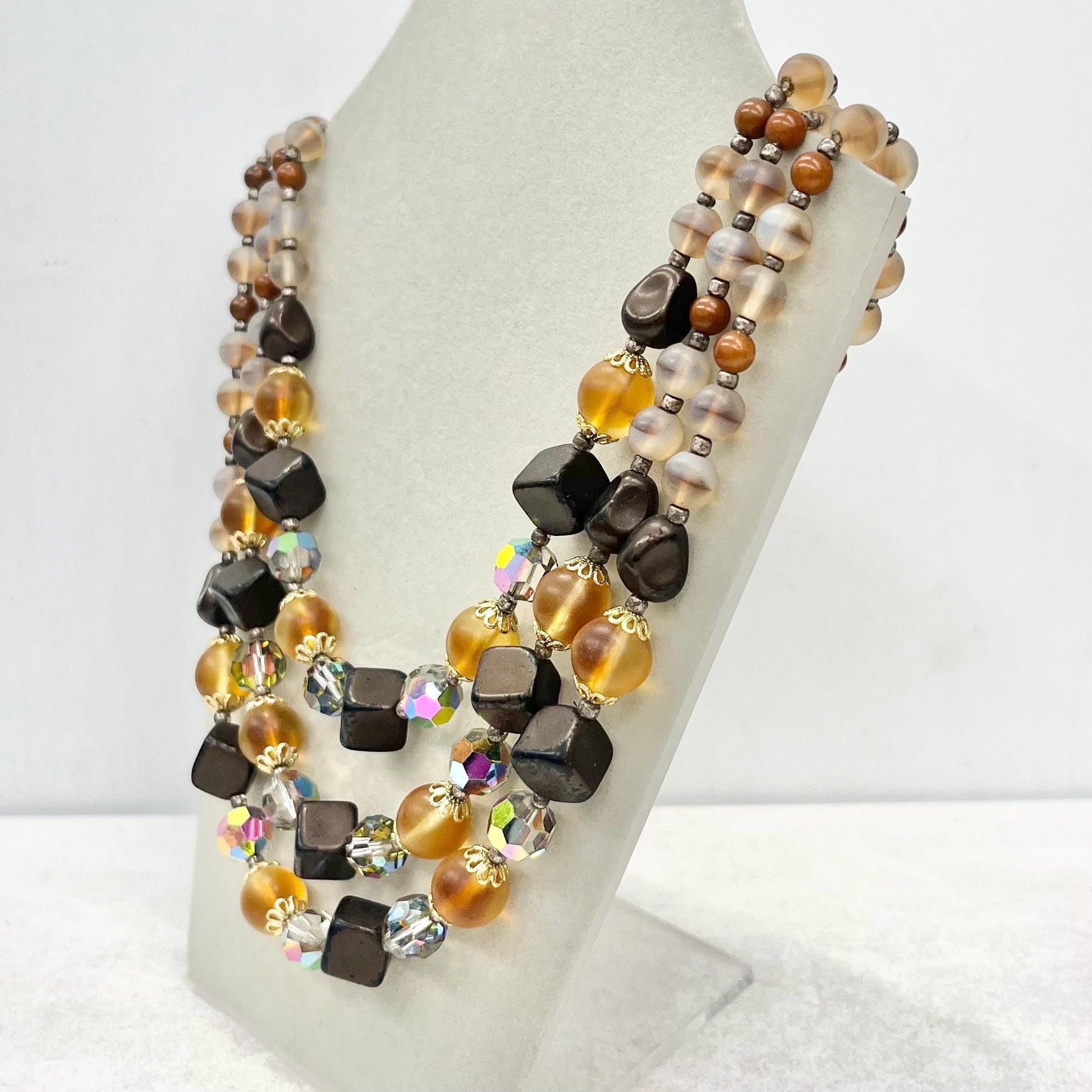 Vintage 1960’s Three Strand Czech Glass Bead and Crystal Necklace in Golden & Brown Tones Vintage Jewellery 14” Long with a 3” Extender MillyOliverVintage