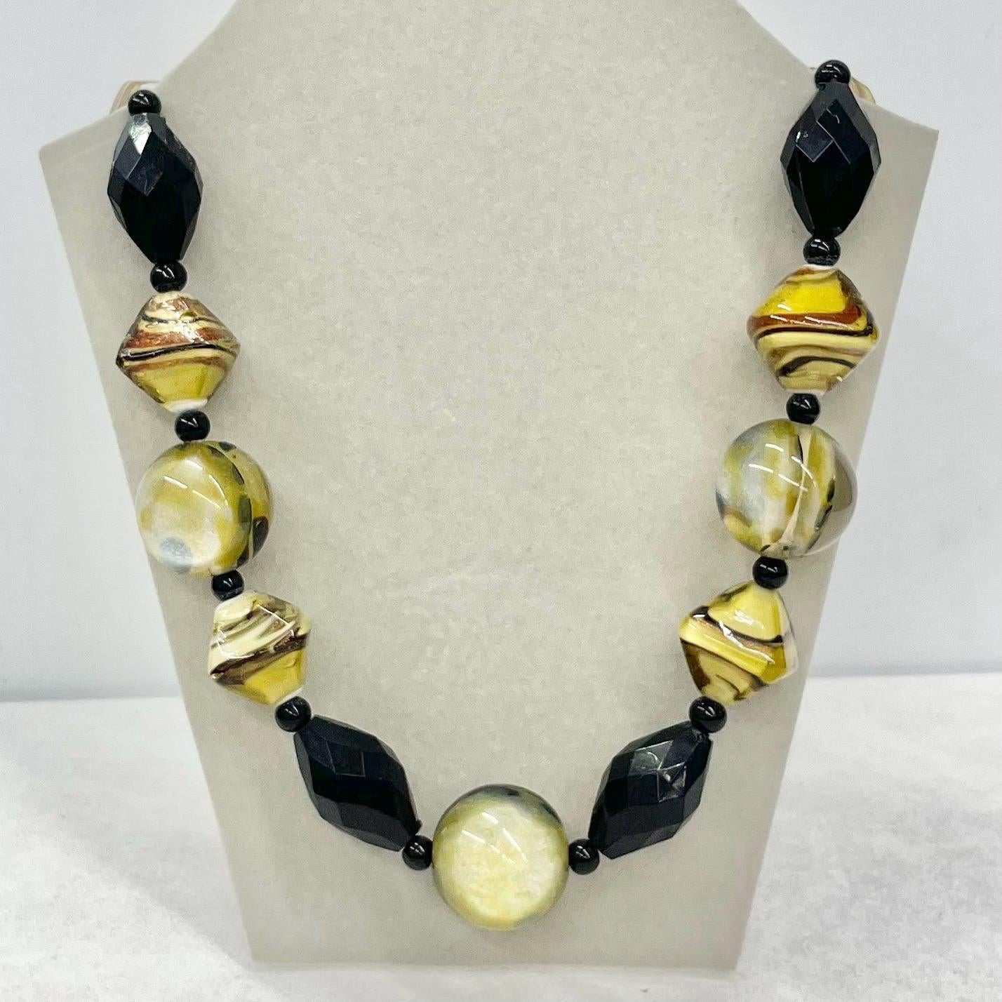 Vintage Chunky Lampwork Glass and Lucite Bead Statement Necklace Black & Yellow Tones with Shimmers of Golden Glitter 24” Long MillyOliverVintage