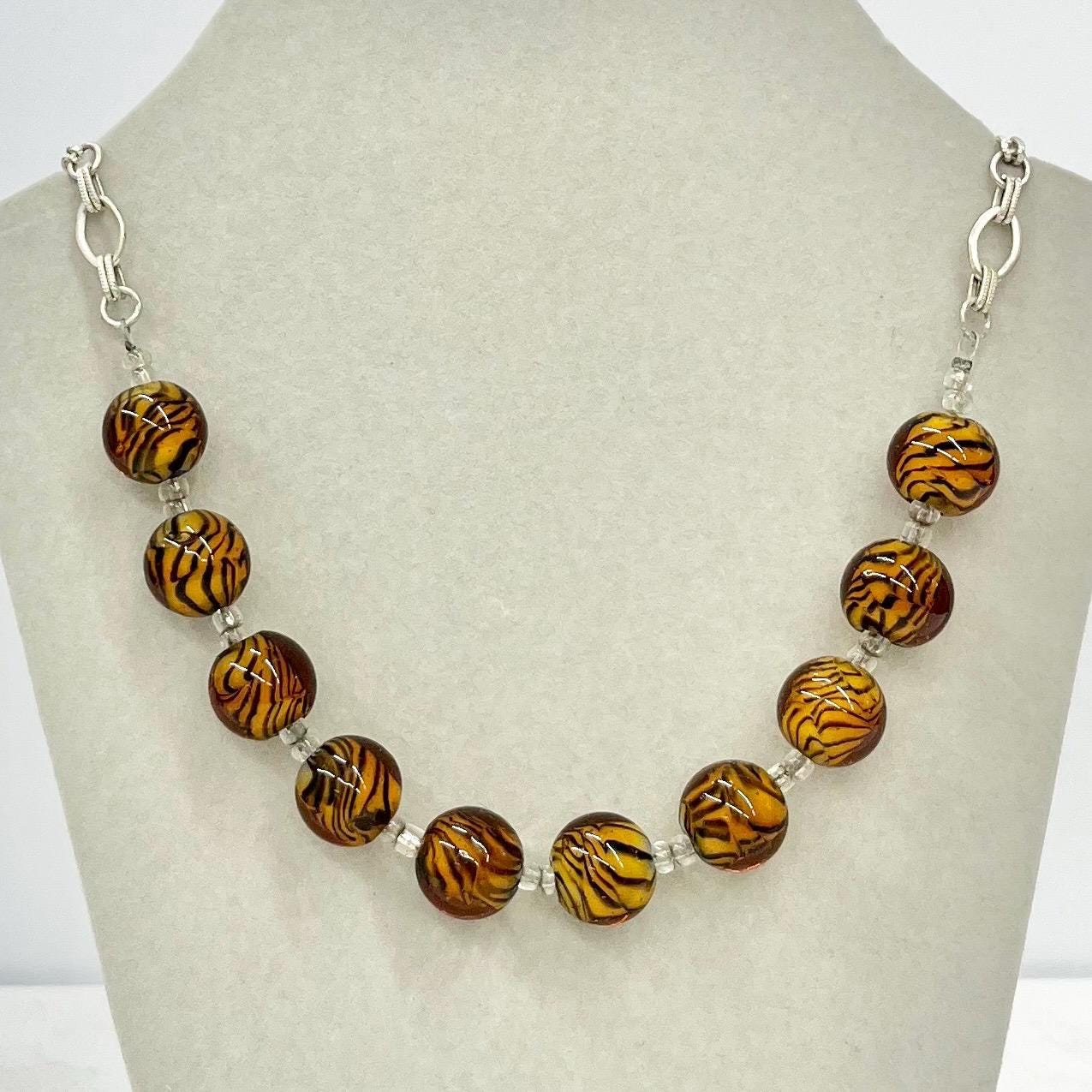 Vintage Tigers Stripe Lampwork Glass Bead Necklace Excellent Quality Beads Vintage Jewellery 20” Long and Adjustable MillyOliverVintage