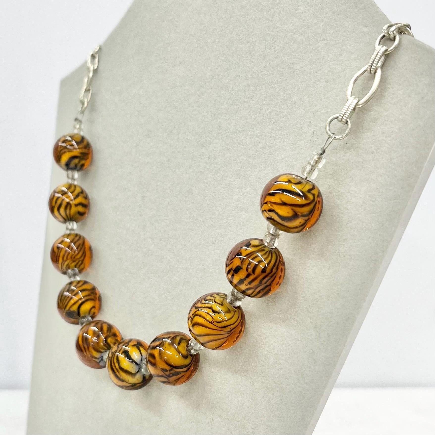 Vintage Tigers Stripe Lampwork Glass Bead Necklace Excellent Quality Beads Vintage Jewellery 20” Long and Adjustable MillyOliverVintage
