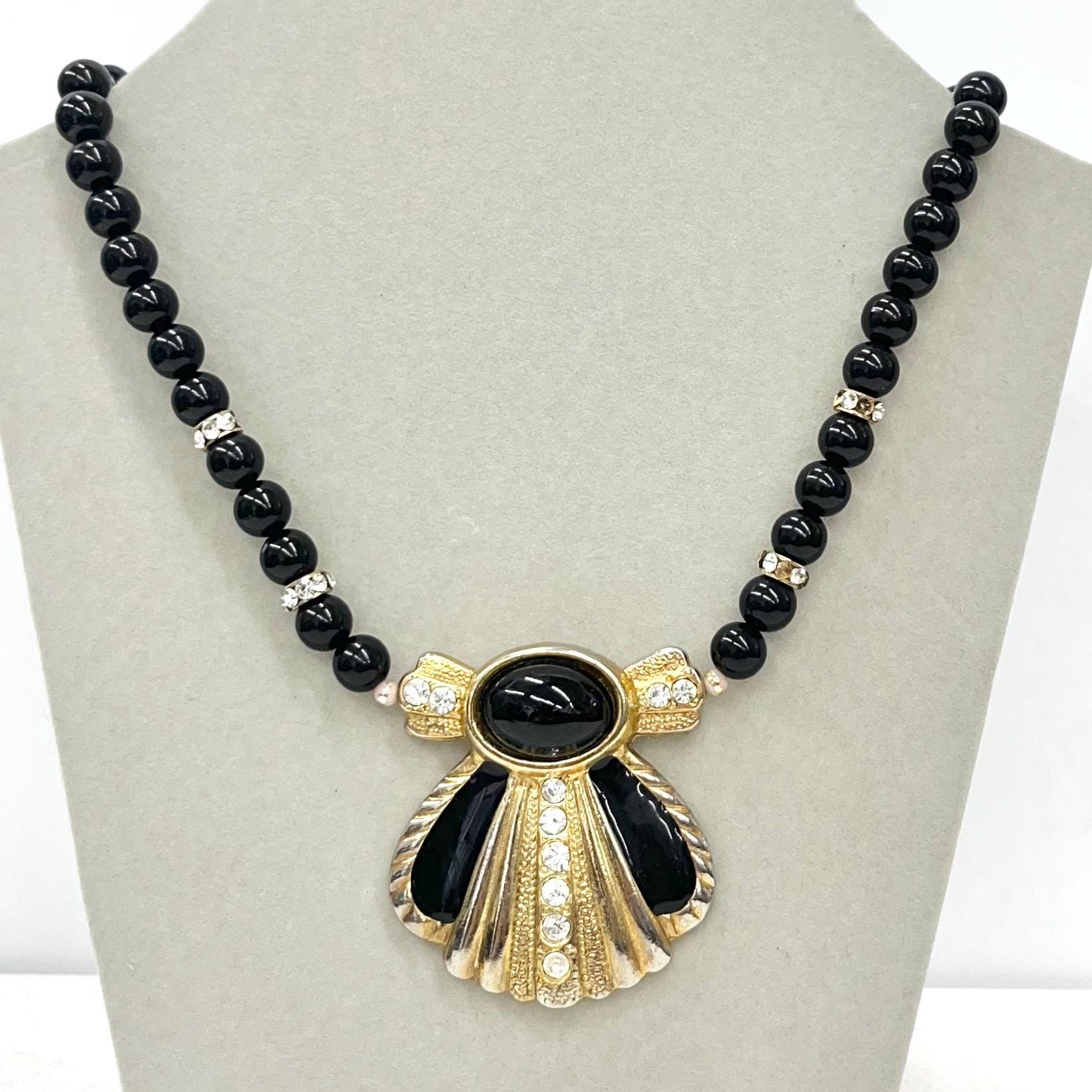 Vintage Black & Gold Glass Bead and Enamel Statement Necklace with Crystal Diamantés 18” Long MillyOliverVintage