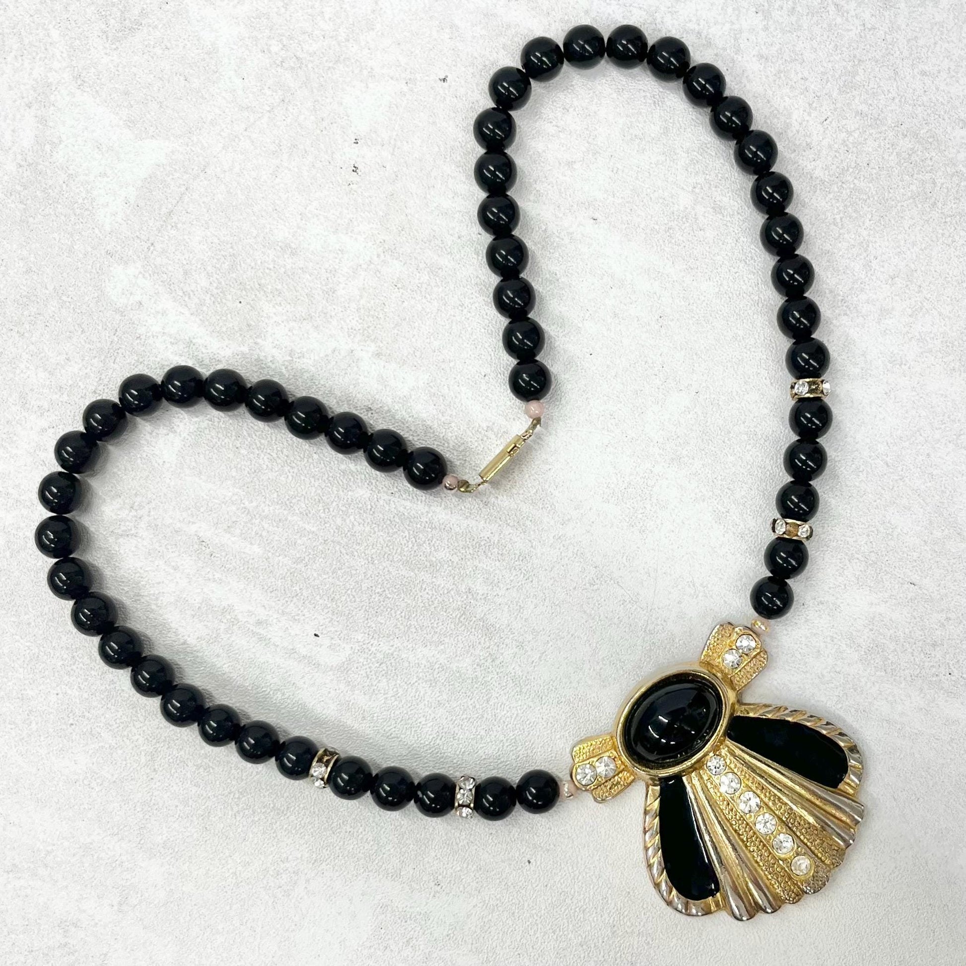 Vintage Black & Gold Glass Bead and Enamel Statement Necklace with Crystal Diamantés 18” Long MillyOliverVintage