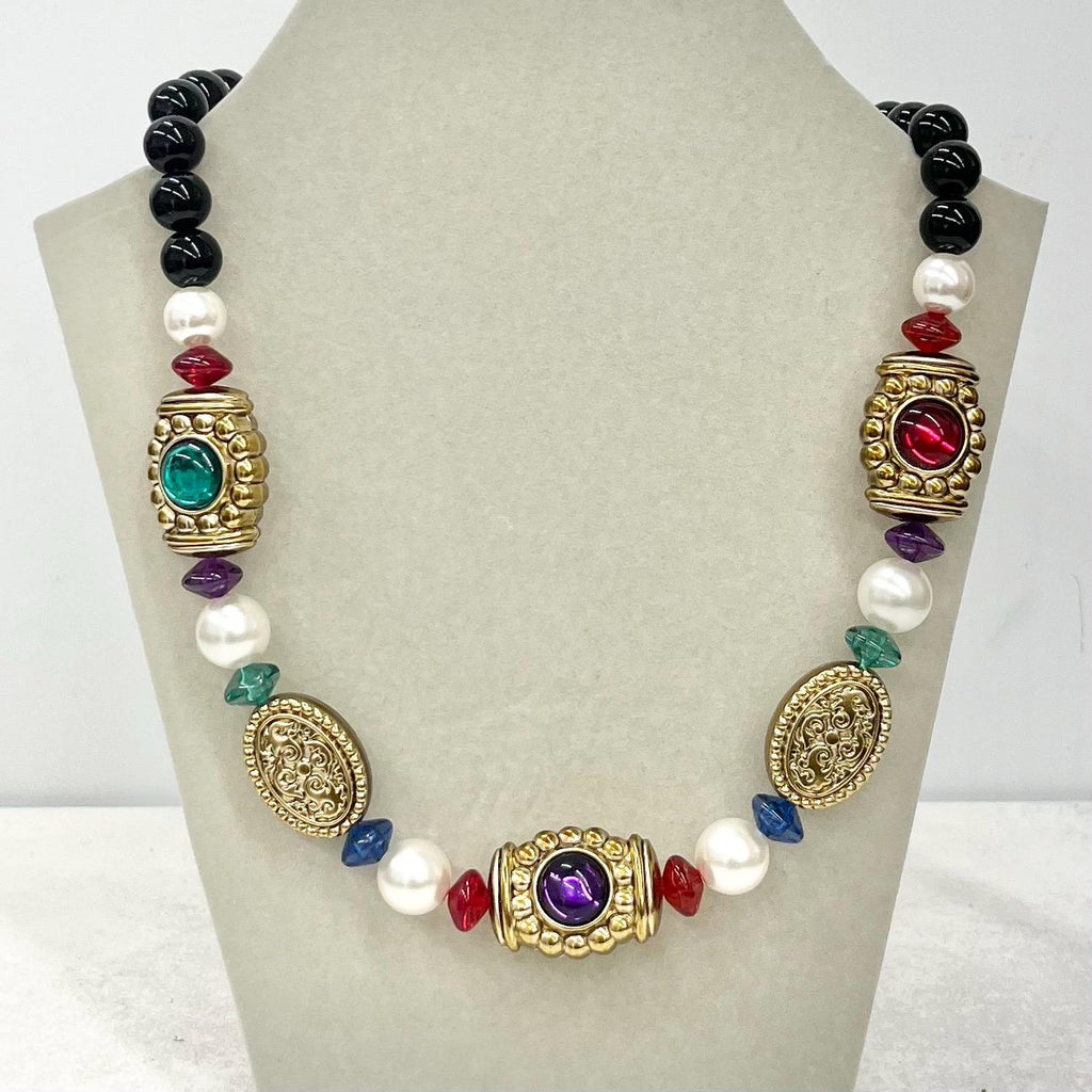 Vintage Chunky Multi Coloured Black & Gold Etruscan Acrylic Bead Necklace Statement Jewellery 19” Long with a 2” Extender Chain MillyOliverVintage