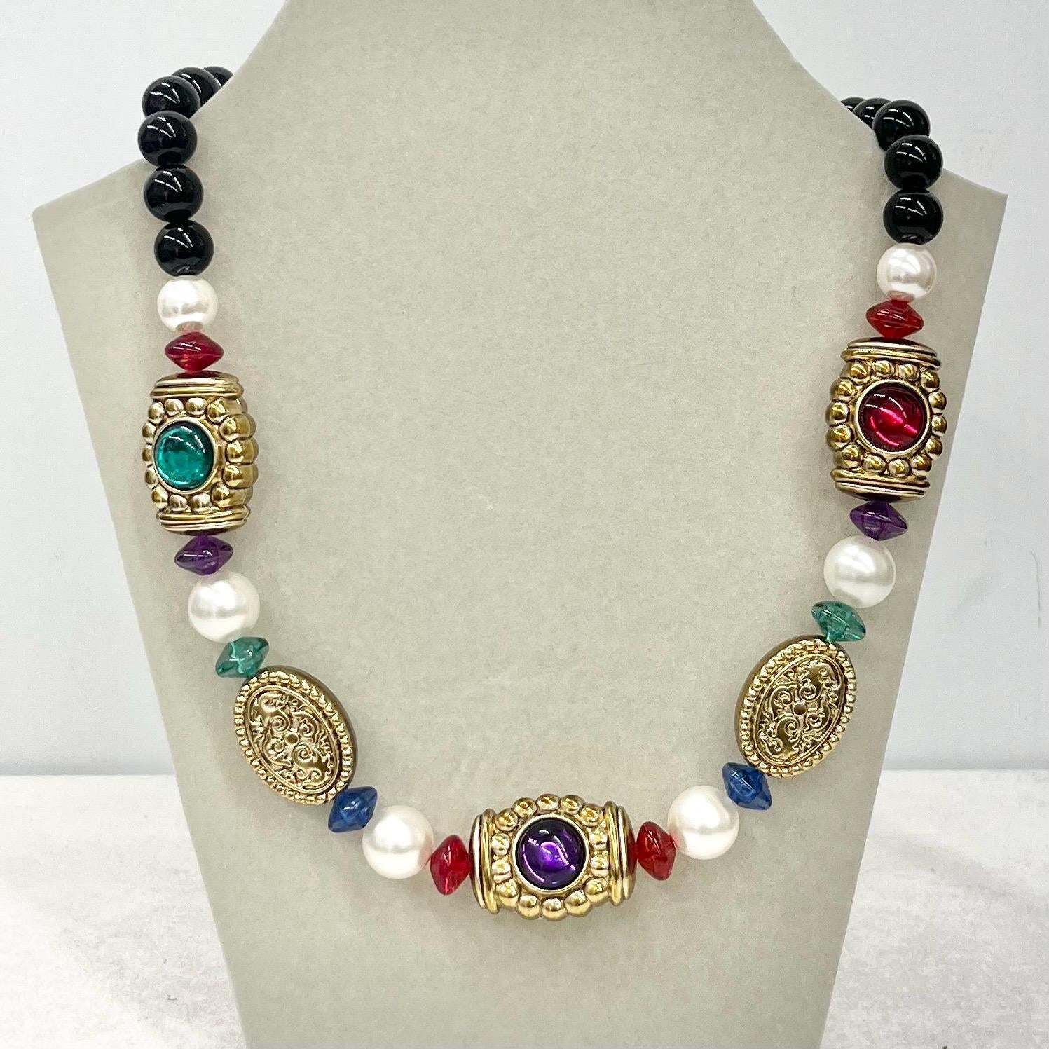 Vintage Chunky Multi Coloured Black & Gold Etruscan Acrylic Bead Necklace Statement Jewellery 19” Long with a 2” Extender Chain MillyOliverVintage