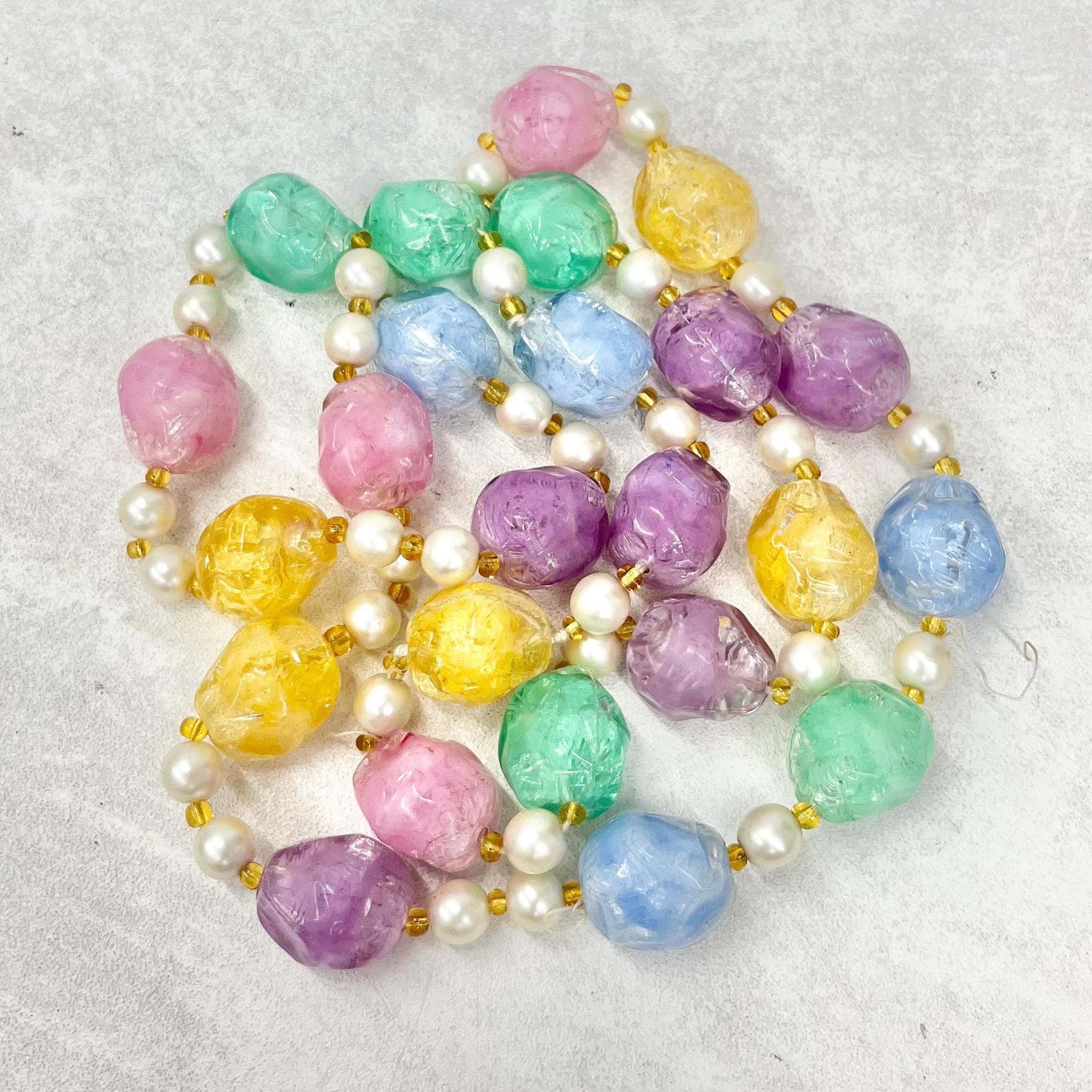 Vintage Multi Coloured Pastel Candy Ice Acrylic Plastic Bead & Faux Pearl Necklace 35” Long Chunky Nugget Beads MillyOliverVintage