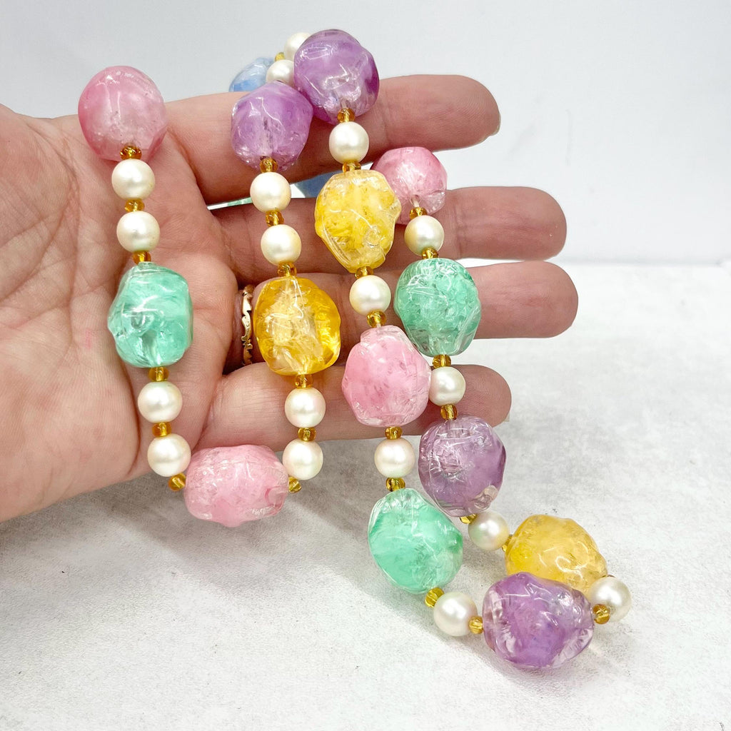 Vintage Multi Coloured Pastel Candy Ice Acrylic Plastic Bead & Faux Pearl Necklace 35” Long Chunky Nugget Beads MillyOliverVintage