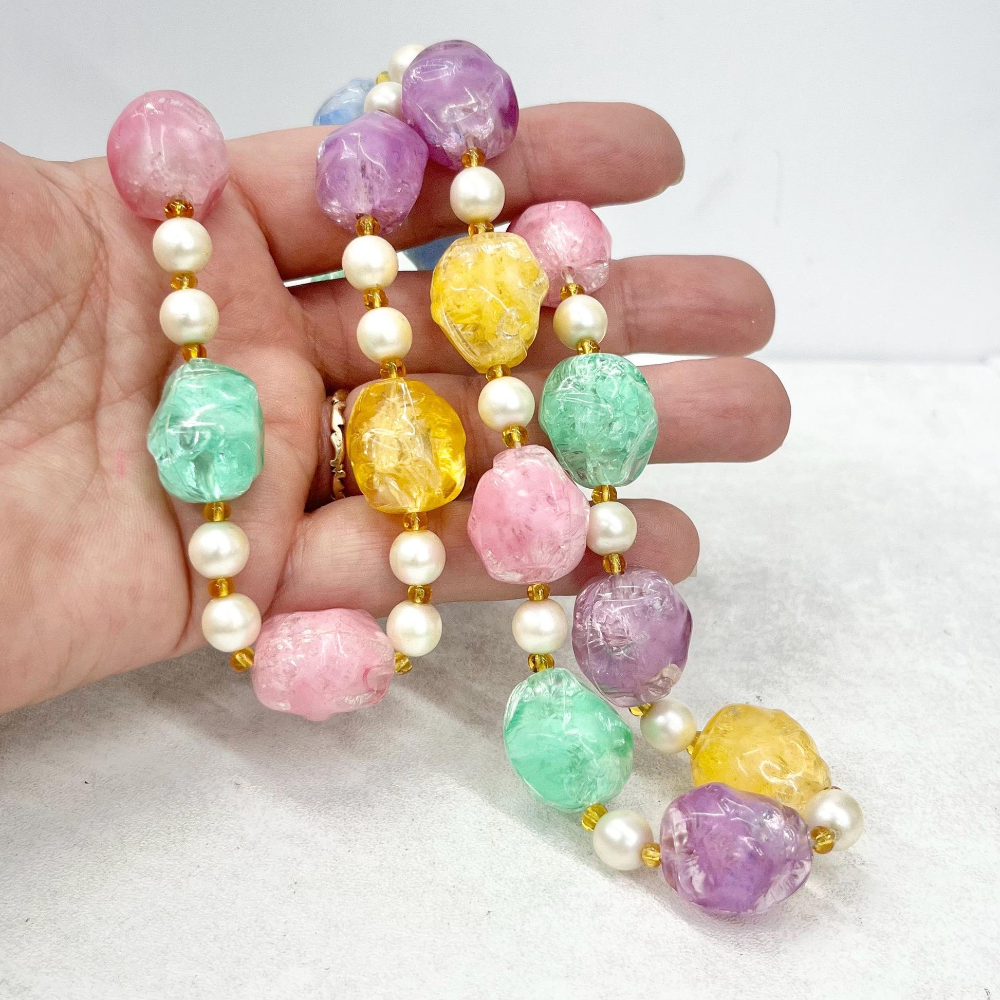 Vintage Multi Coloured Pastel Candy Ice Acrylic Plastic Bead & Faux Pearl Necklace 35” Long Chunky Nugget Beads MillyOliverVintage