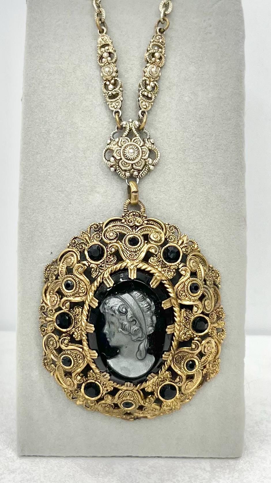 Vintage Victorian Style 1970‘s West German Filigree Brass Stamping Black Cameo Pendant with a 24” Chain MillyOliverVintage