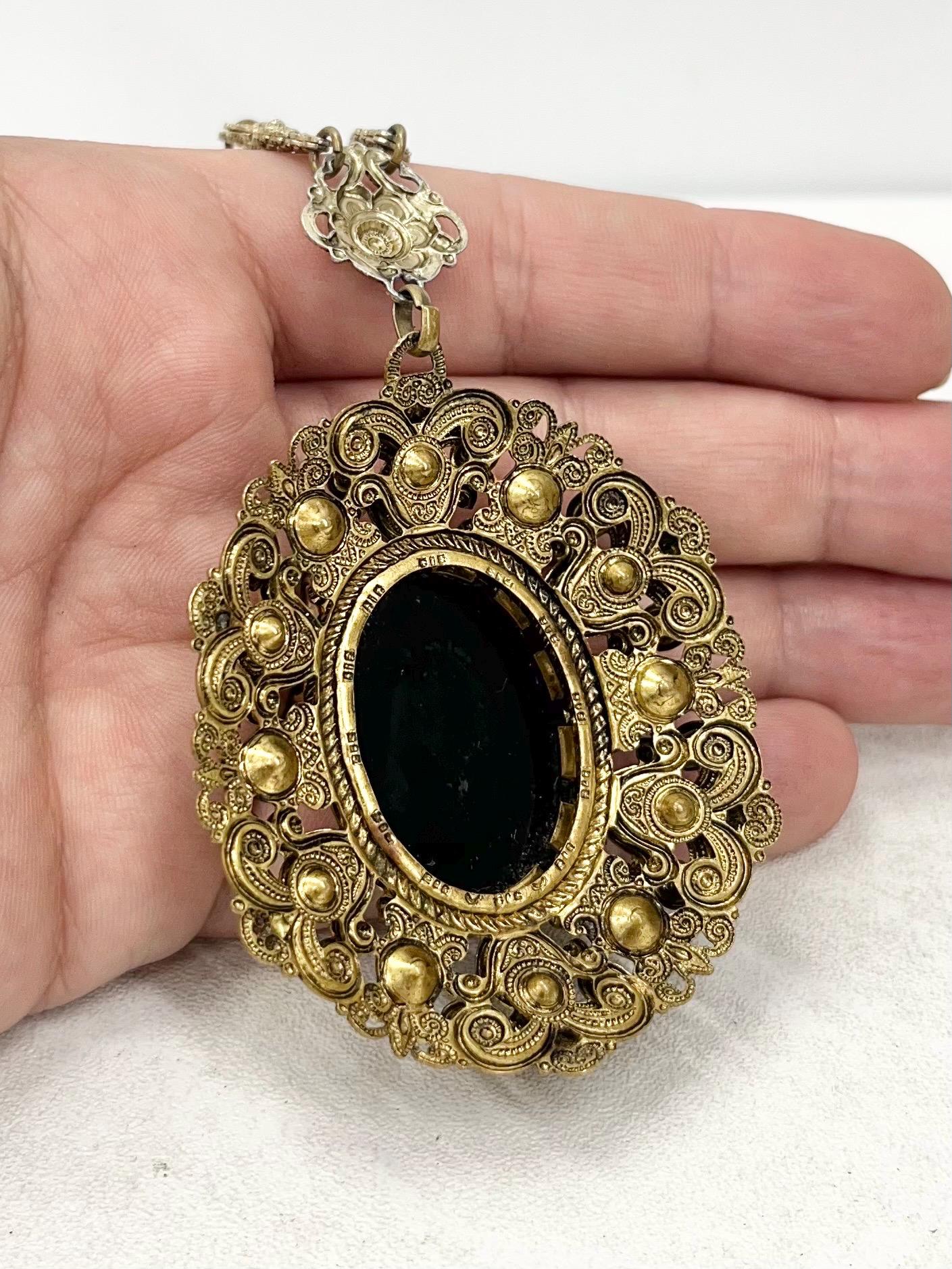 Vintage Victorian Style 1970‘s West German Filigree Brass Stamping Black Cameo Pendant with a 24” Chain MillyOliverVintage