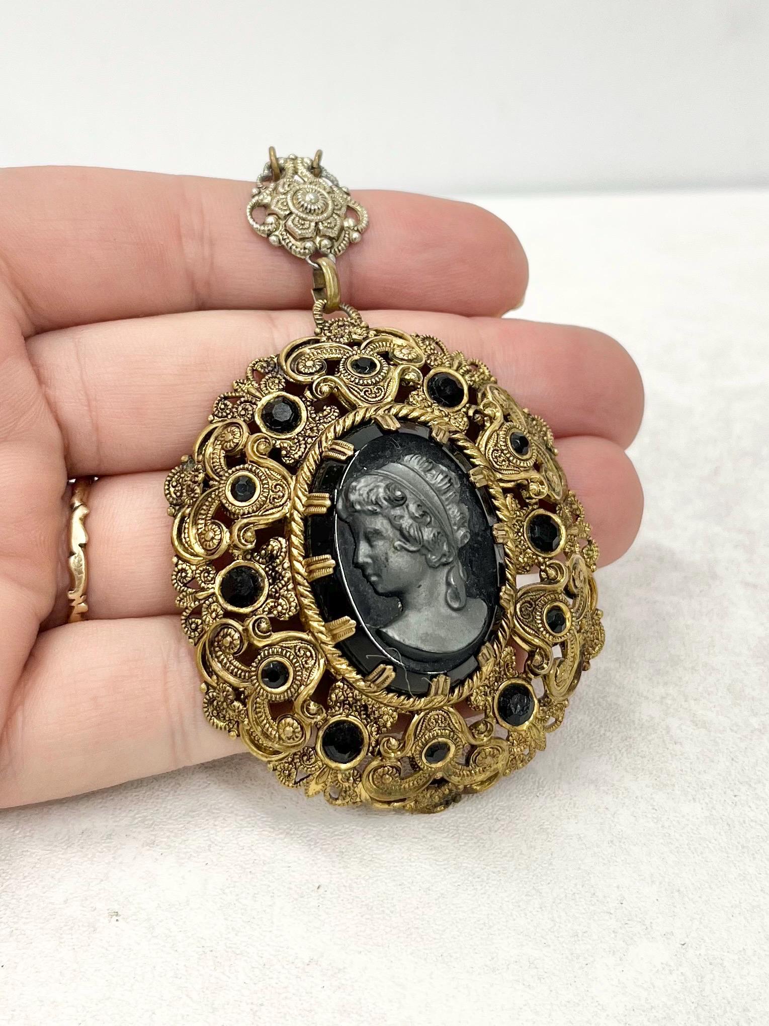 Vintage Victorian Style 1970‘s West German Filigree Brass Stamping Black Cameo Pendant with a 24” Chain MillyOliverVintage