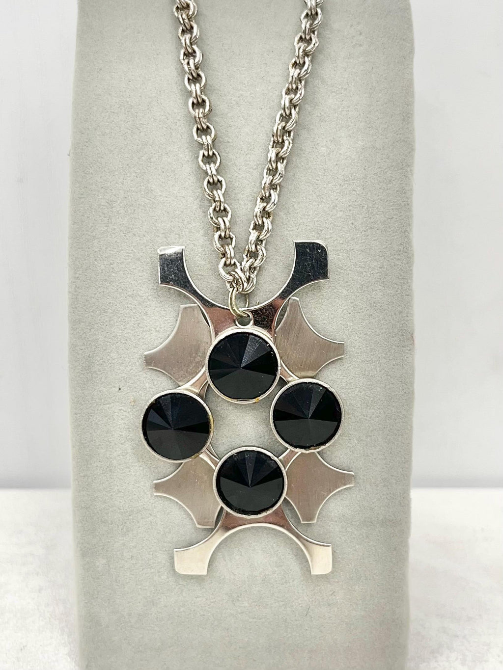Vintage Modernist Rectangular Stainless Steel 1970’s Pendant Set With Black Rivoli Crystals with a 20” Chain MillyOliverVintage