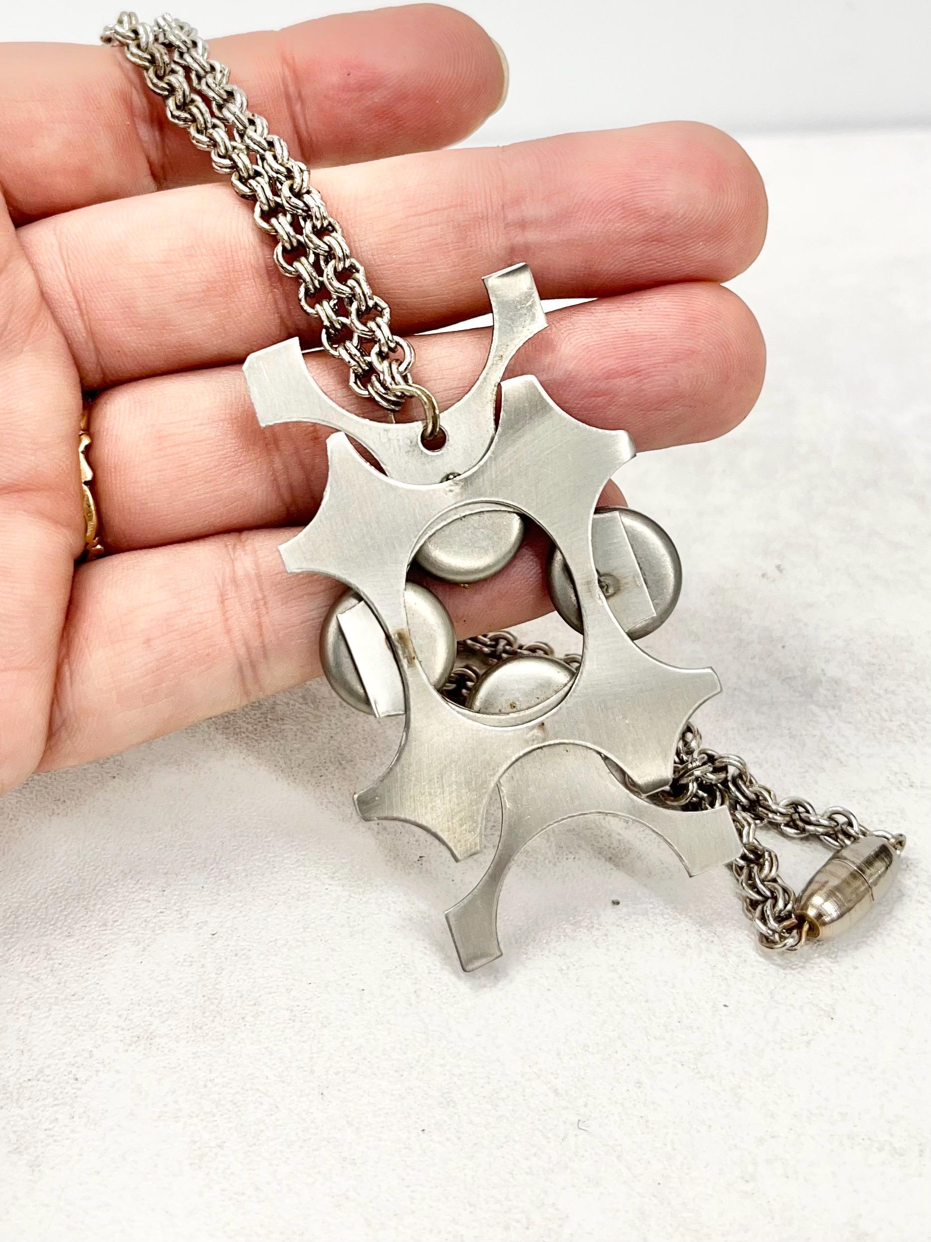 Vintage Modernist Rectangular Stainless Steel 1970’s Pendant Set With Black Rivoli Crystals with a 20” Chain MillyOliverVintage
