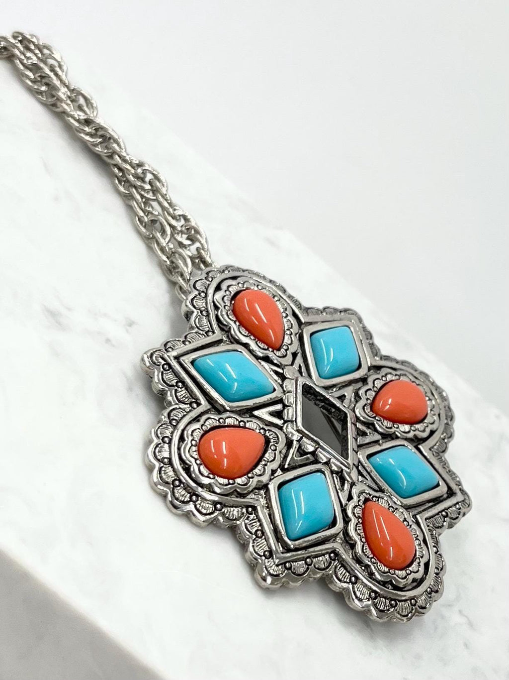 Vintage Avon American Spirit Navajo Style Pendant / Brooch with Faux Coral & Turquoise Stones with a 30” Silver Tone Chain MillyOliverVintage