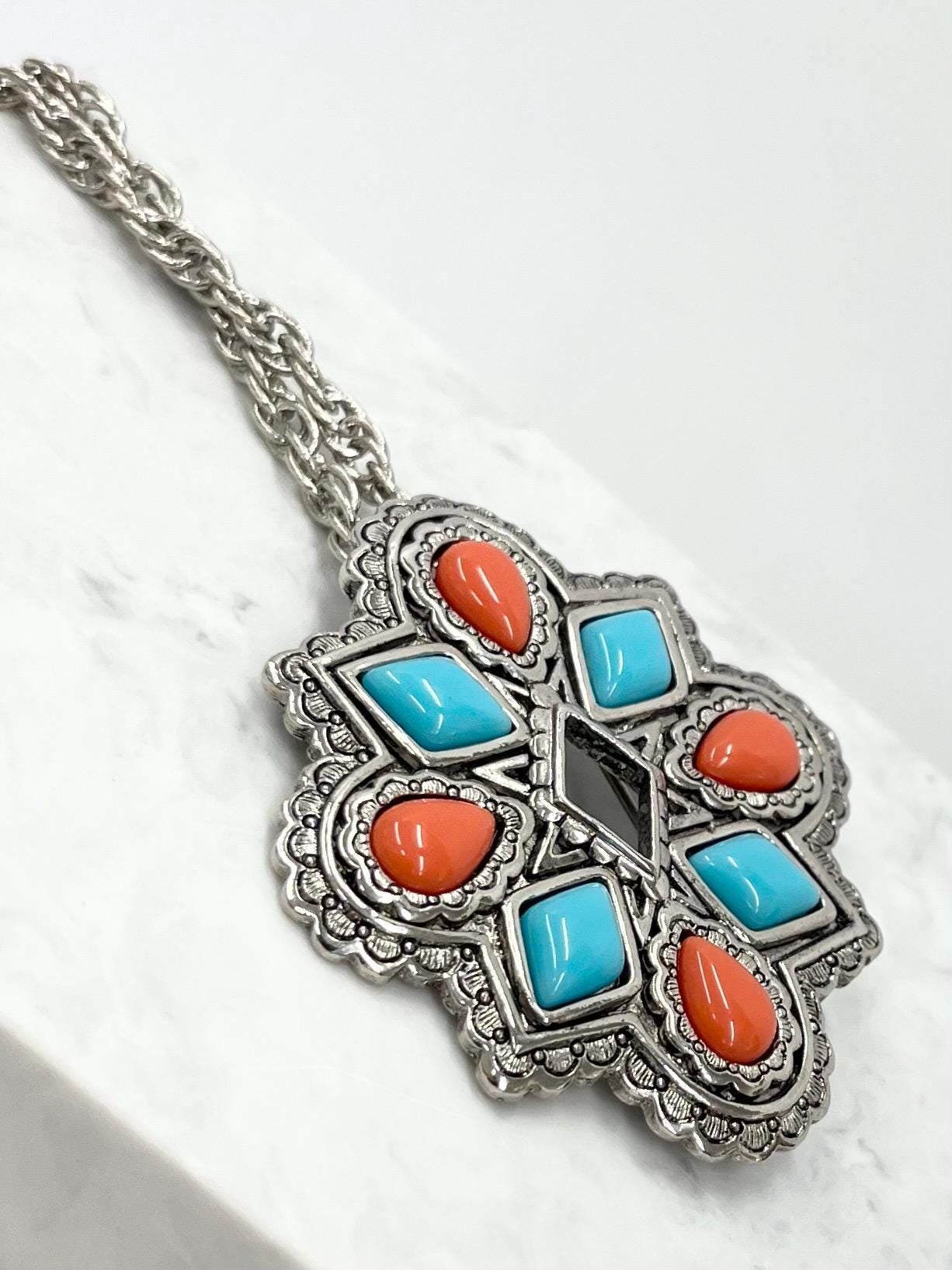 Vintage Avon American Spirit Navajo Style Pendant / Brooch with Faux Coral & Turquoise Stones with a 30” Silver Tone Chain MillyOliverVintage