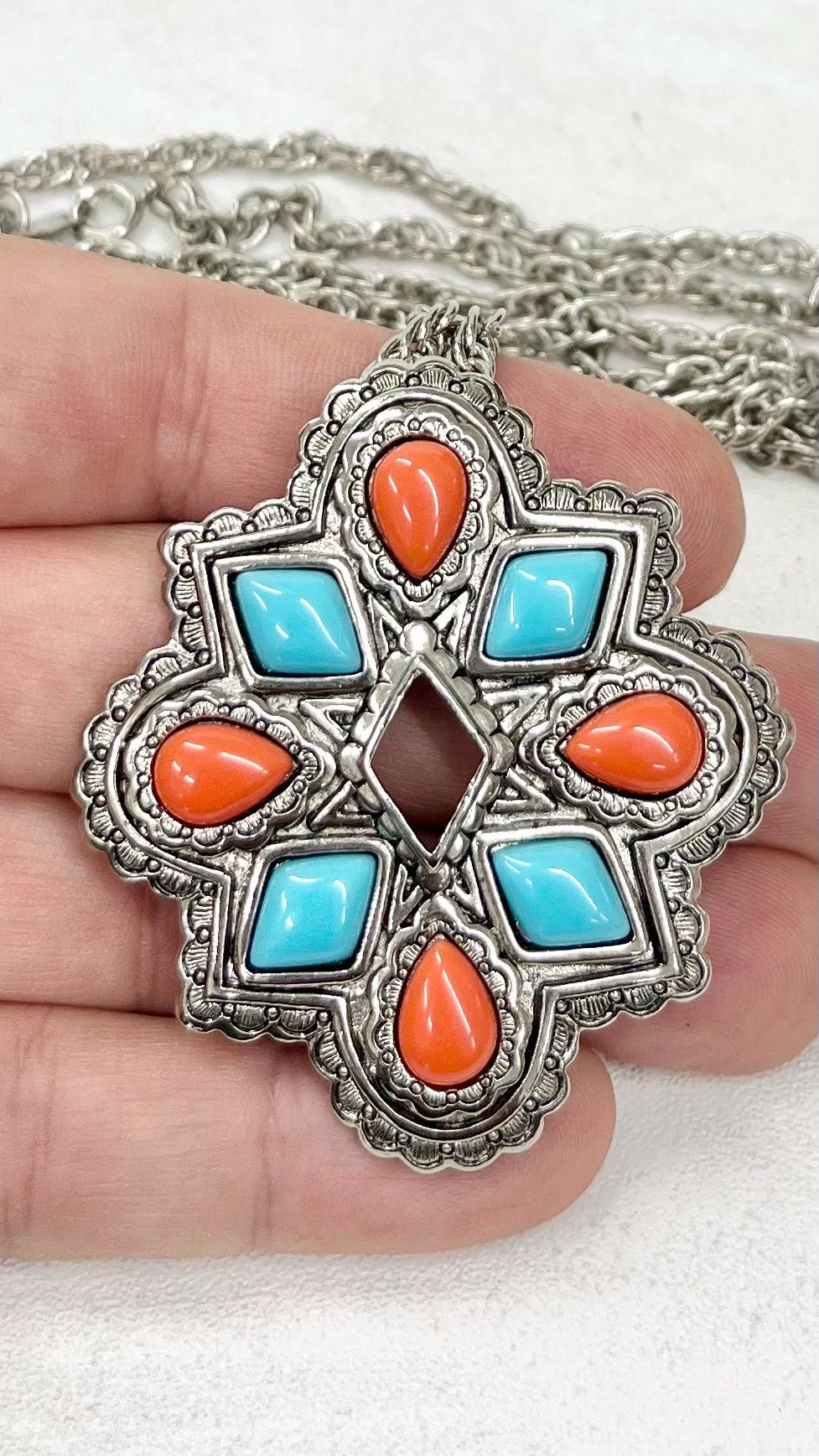 Vintage Avon American Spirit Navajo Style Pendant / Brooch with Faux Coral & Turquoise Stones with a 30” Silver Tone Chain MillyOliverVintage