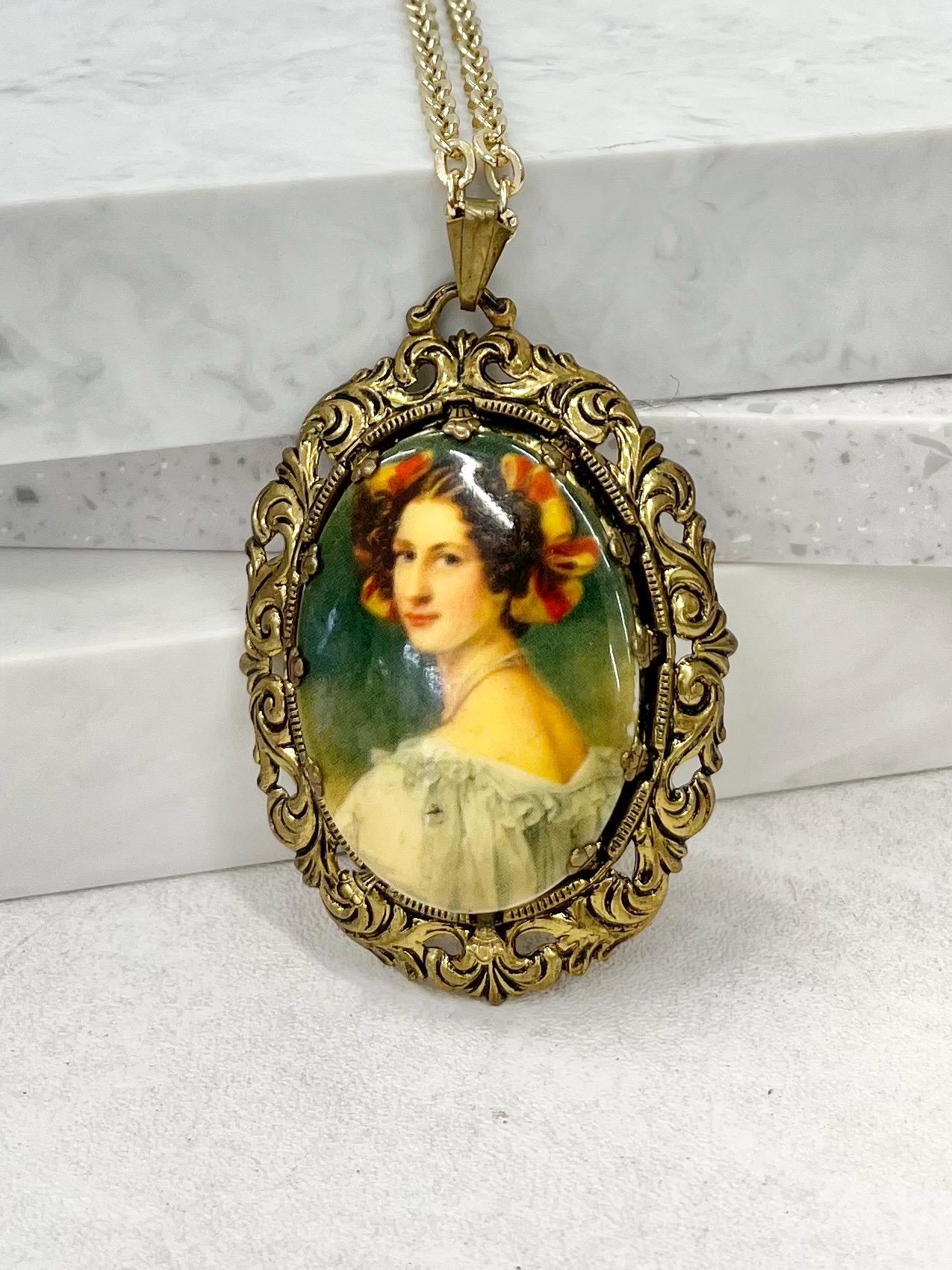 Vintage Victorian Style 1970‘s Filigree Stamping Female Portrait Cameo Pendant with a 30” Chain MillyOliverVintage
