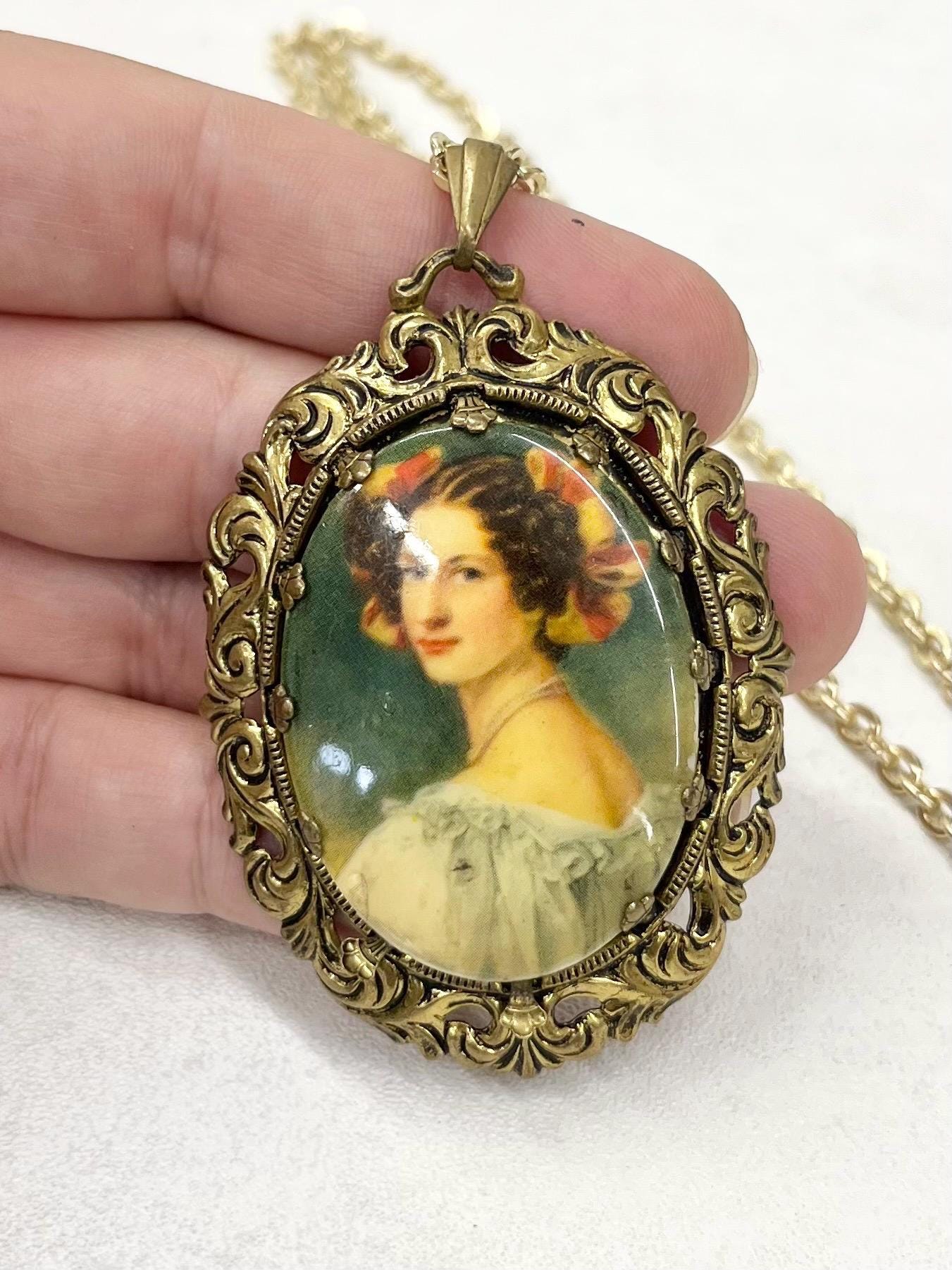 Vintage Victorian Style 1970‘s Filigree Stamping Female Portrait Cameo Pendant with a 30” Chain MillyOliverVintage