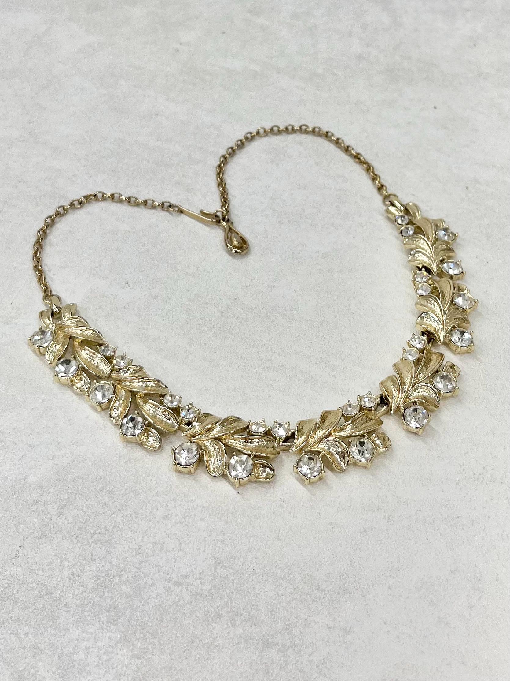 Vintage Leafy Design Gold Tone Choker Chain Necklace with Sparkling Clear Crystals Excellent Quality Vintage Jewellery 17” Long MillyOliverVintage