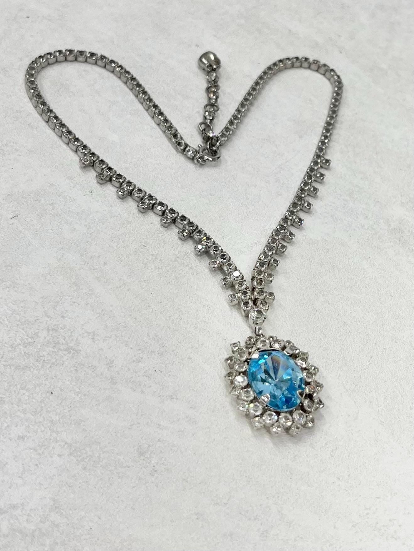 Vintage Aquamarine Blue Drop Faceted Glass Crystal Chain Necklace Excellent Quality Crystals Vintage Jewellery 16” Long with a 3” Extender MillyOliverVintage