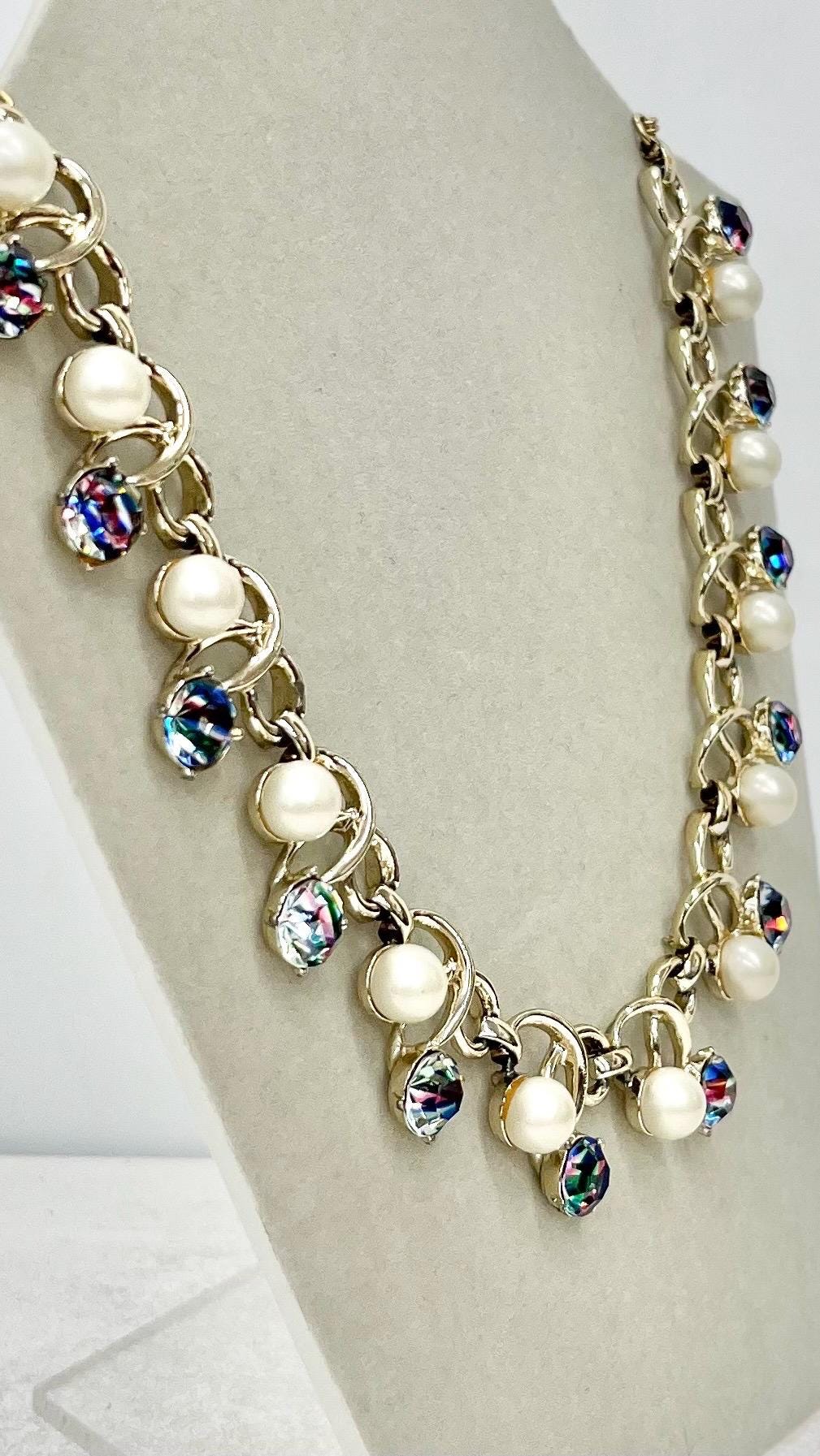 Vintage 1960’s Czech Rainbow Iris Crystal & White Glass Pearl Necklace Choker Excellent Quality Vintage Jewellery 13” with a 4” Extender MillyOliverVintage