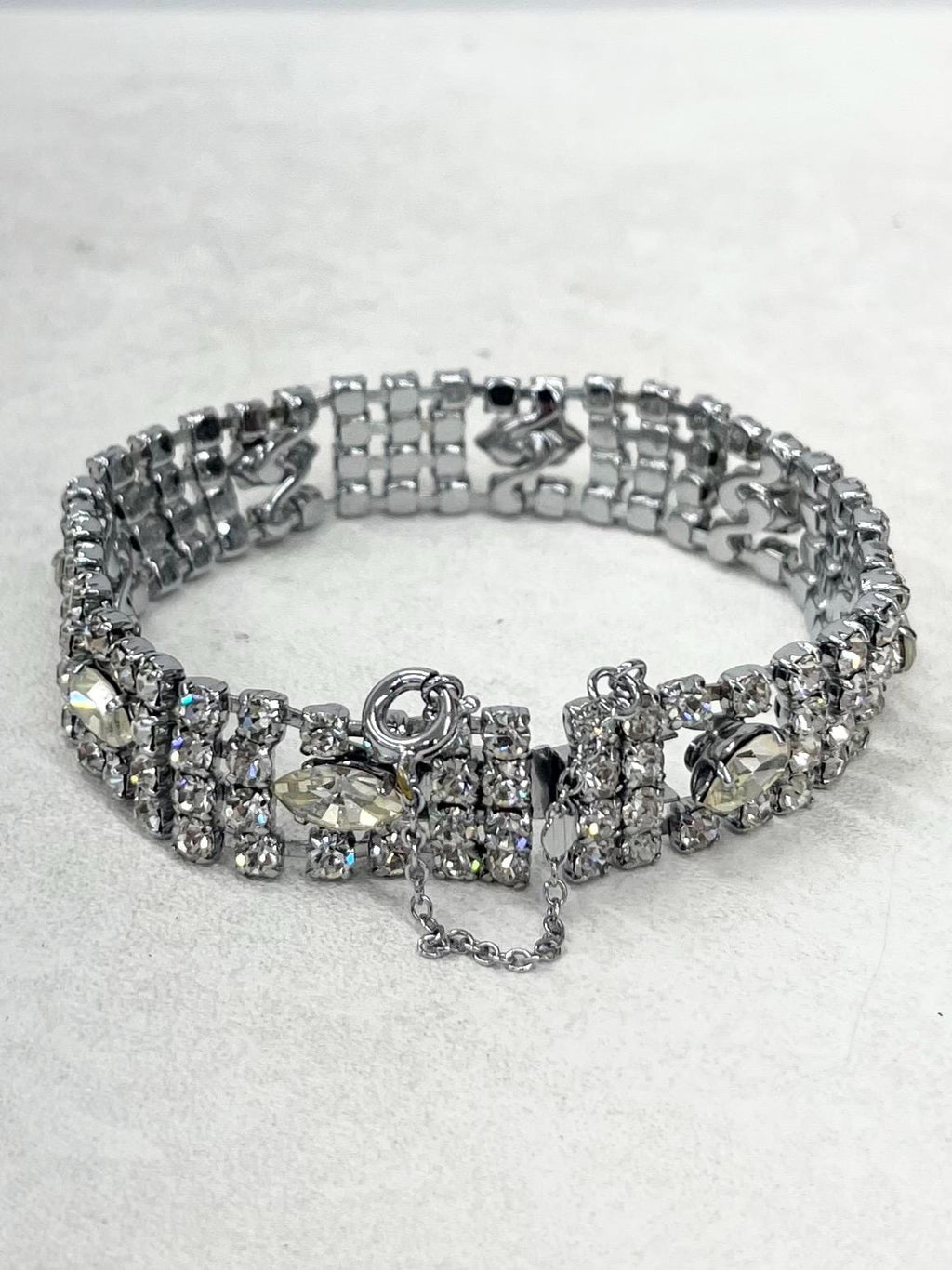 Vintage Silver Plate 1970’s Clear Crystal Paste Marquise Set Wide Bracelet with Safety Chain Power Dressing Costume Jewellery MillyOliverVintage