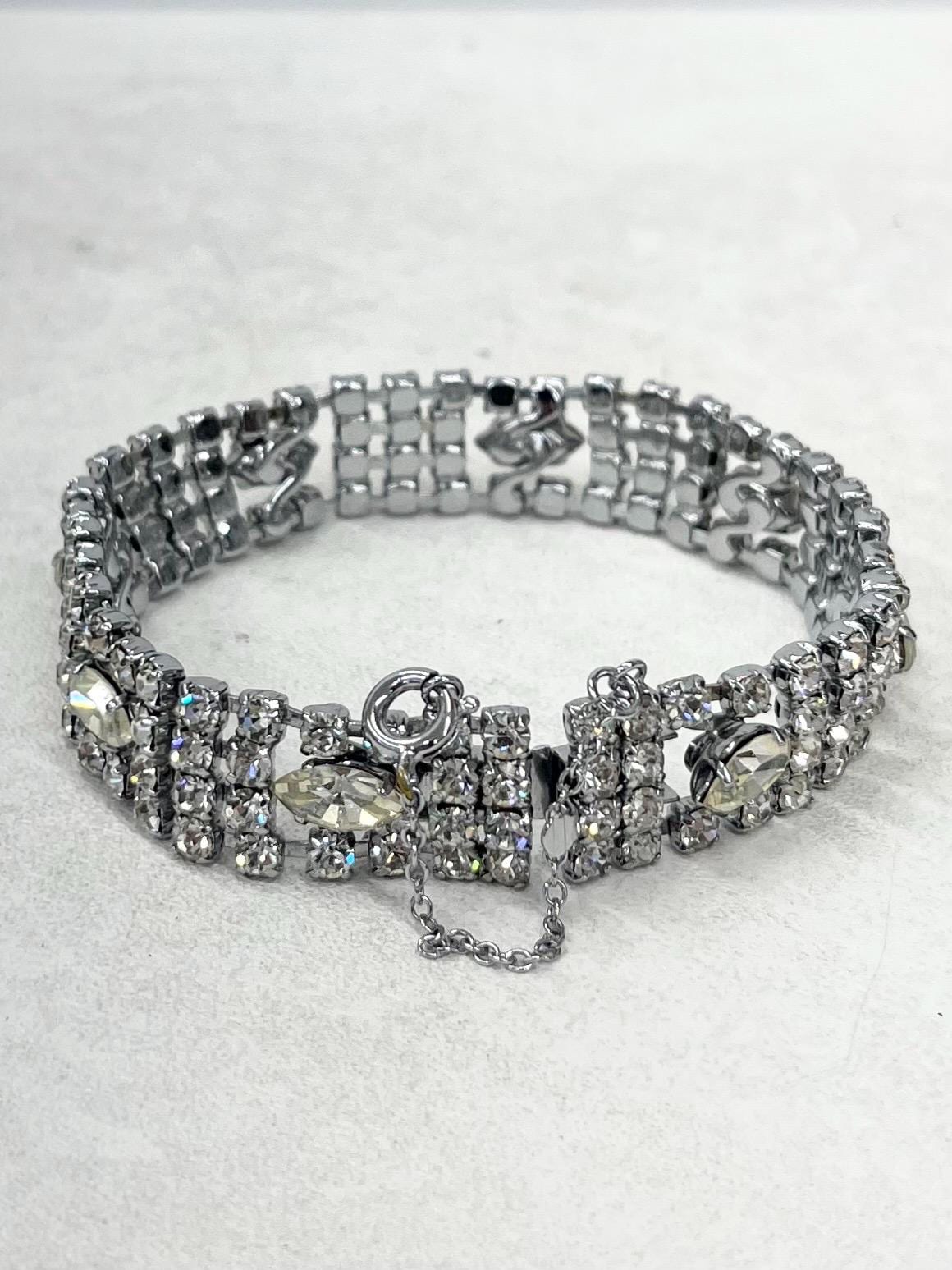 Vintage Silver Plate 1970’s Clear Crystal Paste Marquise Set Wide Bracelet with Safety Chain Power Dressing Costume Jewellery MillyOliverVintage