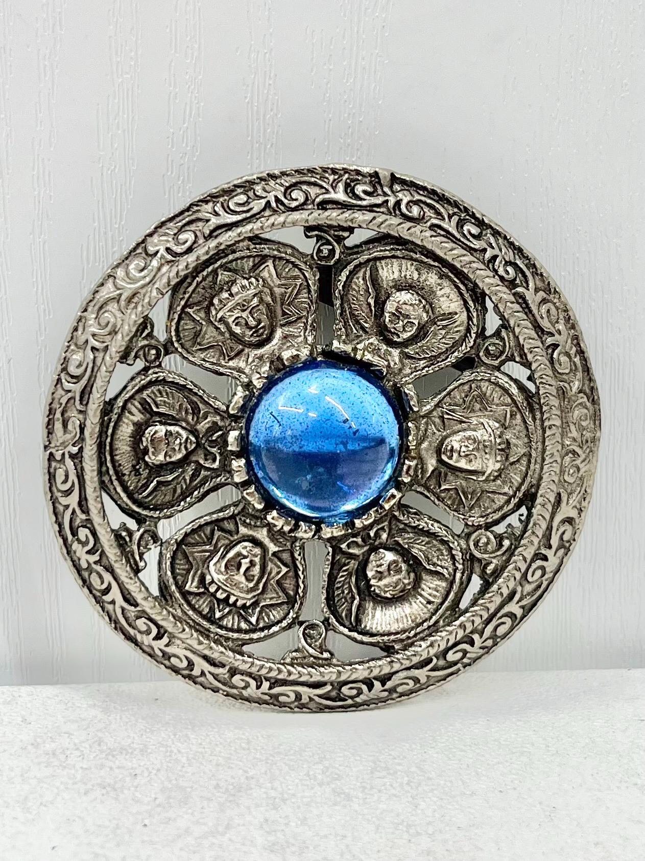 Vintage Round Etruscan / Aztec Style Blue Glass Cabochon Brooch Great Quality Vintage Brooch MillyOliverVintage