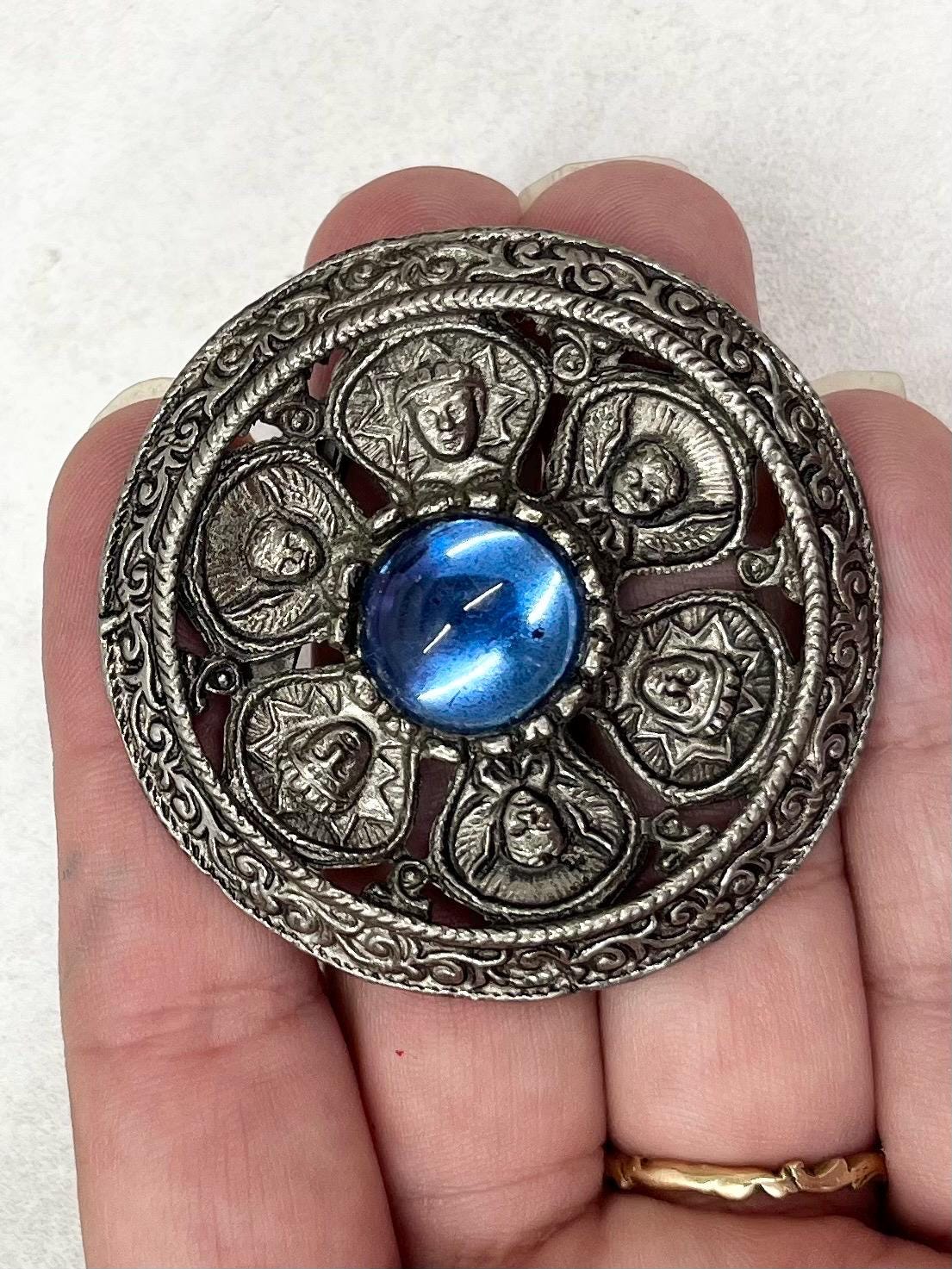 Vintage Round Etruscan / Aztec Style Blue Glass Cabochon Brooch Great Quality Vintage Brooch MillyOliverVintage