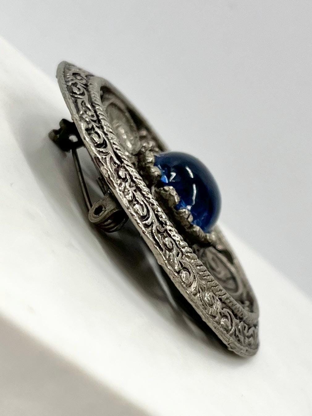 Vintage Round Etruscan / Aztec Style Blue Glass Cabochon Brooch Great Quality Vintage Brooch MillyOliverVintage