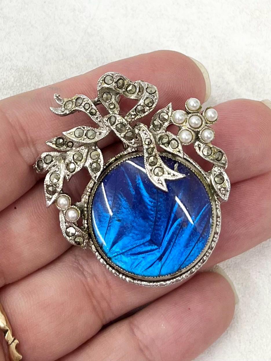 Vintage Silver Tone Real Butterfly Wing Marcasite & Pearl Brooch by Exquisite Costume Jewellery Statement Piece MillyOliverVintage