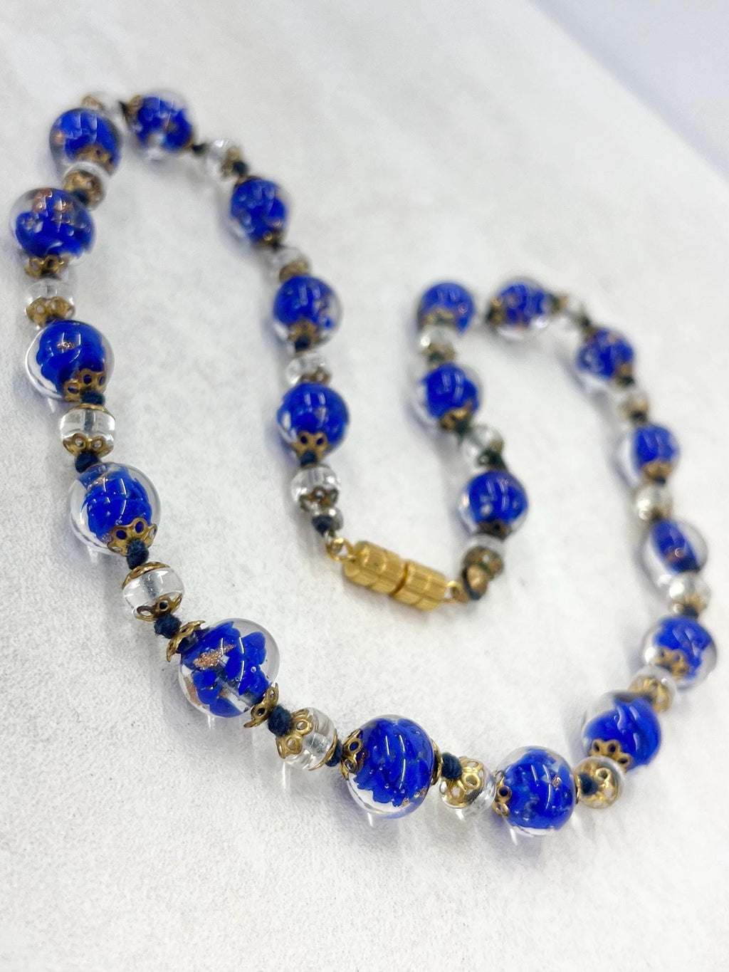 Vintage Venetian Blue & Gold Aventurine Lampwork Glass Bead Hand Knotted Necklace 17.5” Long MillyOliverVintage