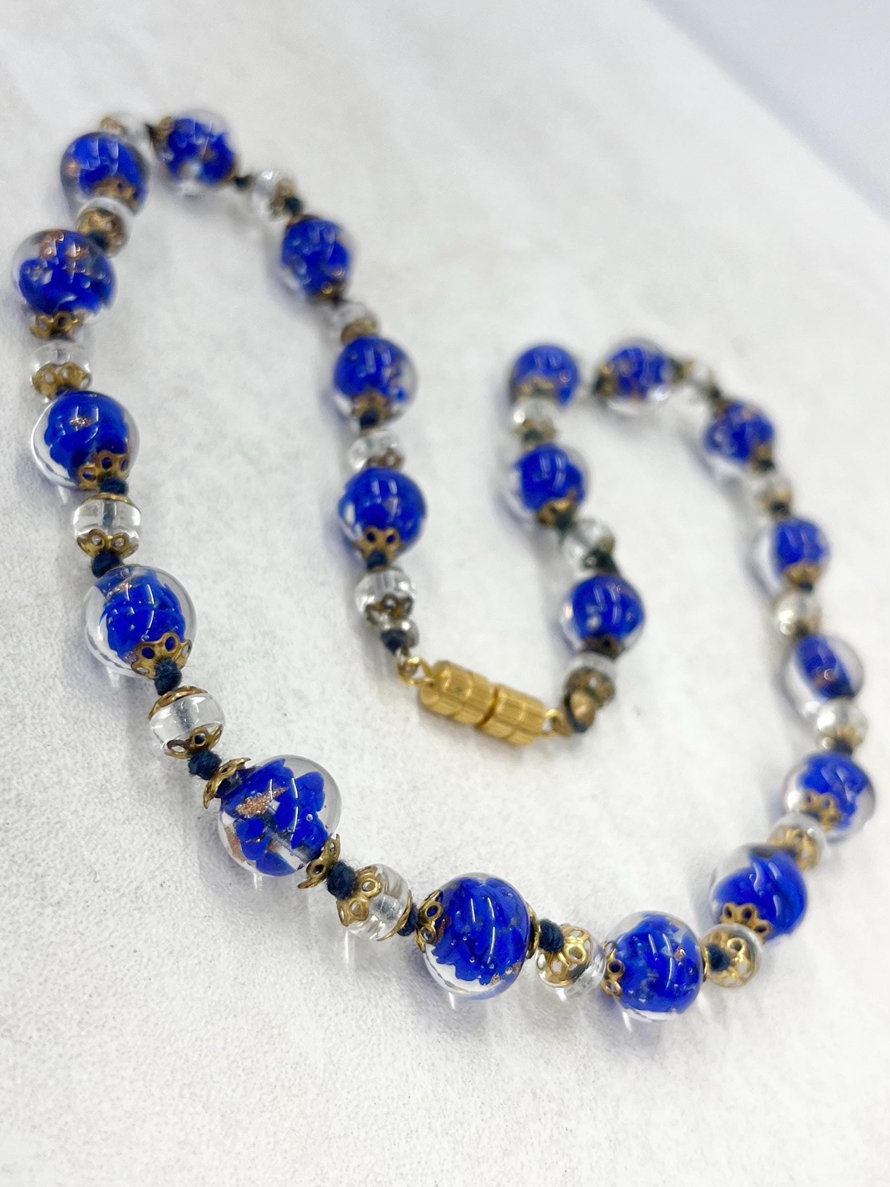 Vintage Venetian Blue & Gold Aventurine Lampwork Glass Bead Hand Knotted Necklace 17.5” Long MillyOliverVintage