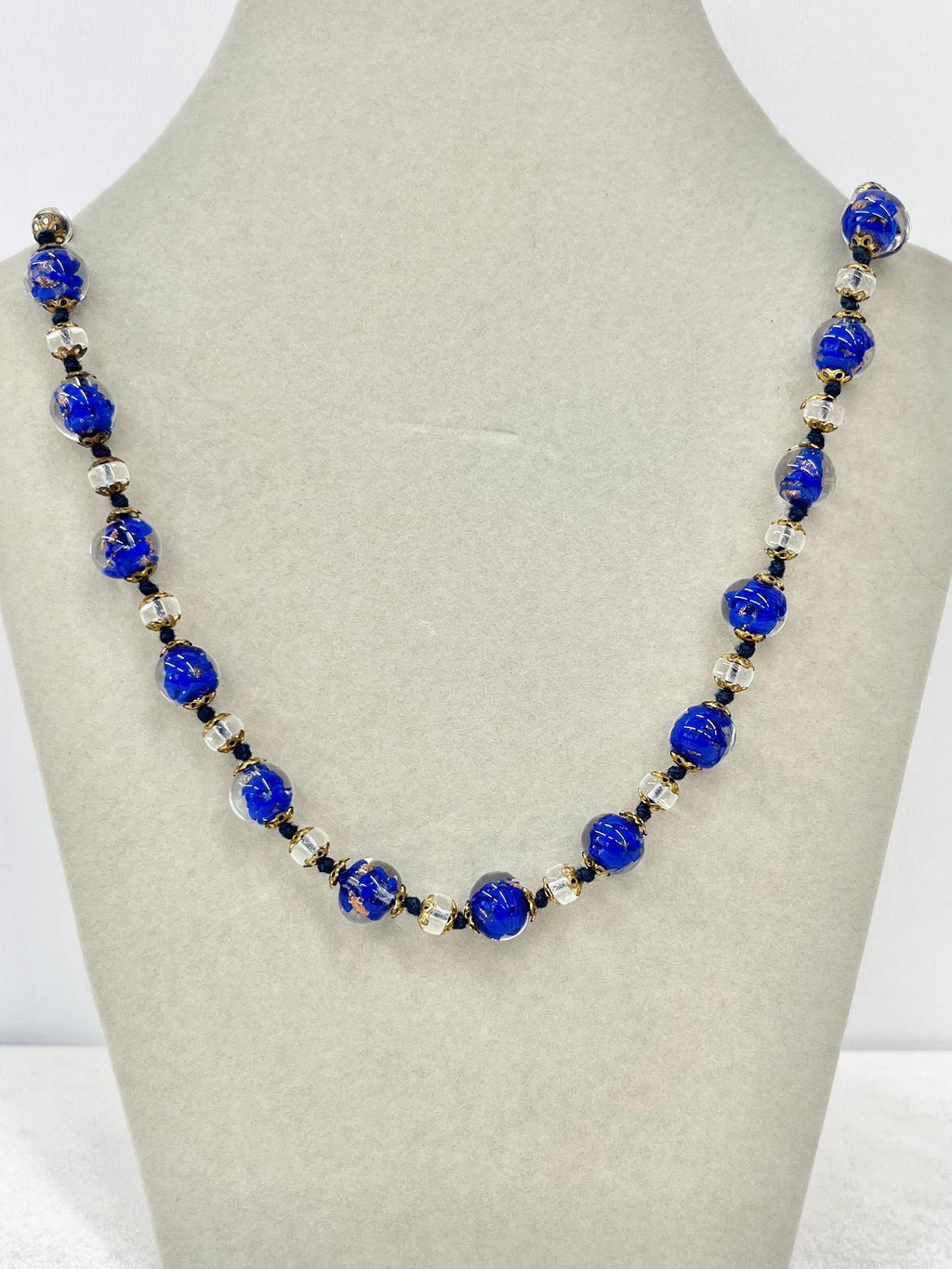 Vintage Venetian Blue & Gold Aventurine Lampwork Glass Bead Hand Knotted Necklace 17.5” Long MillyOliverVintage