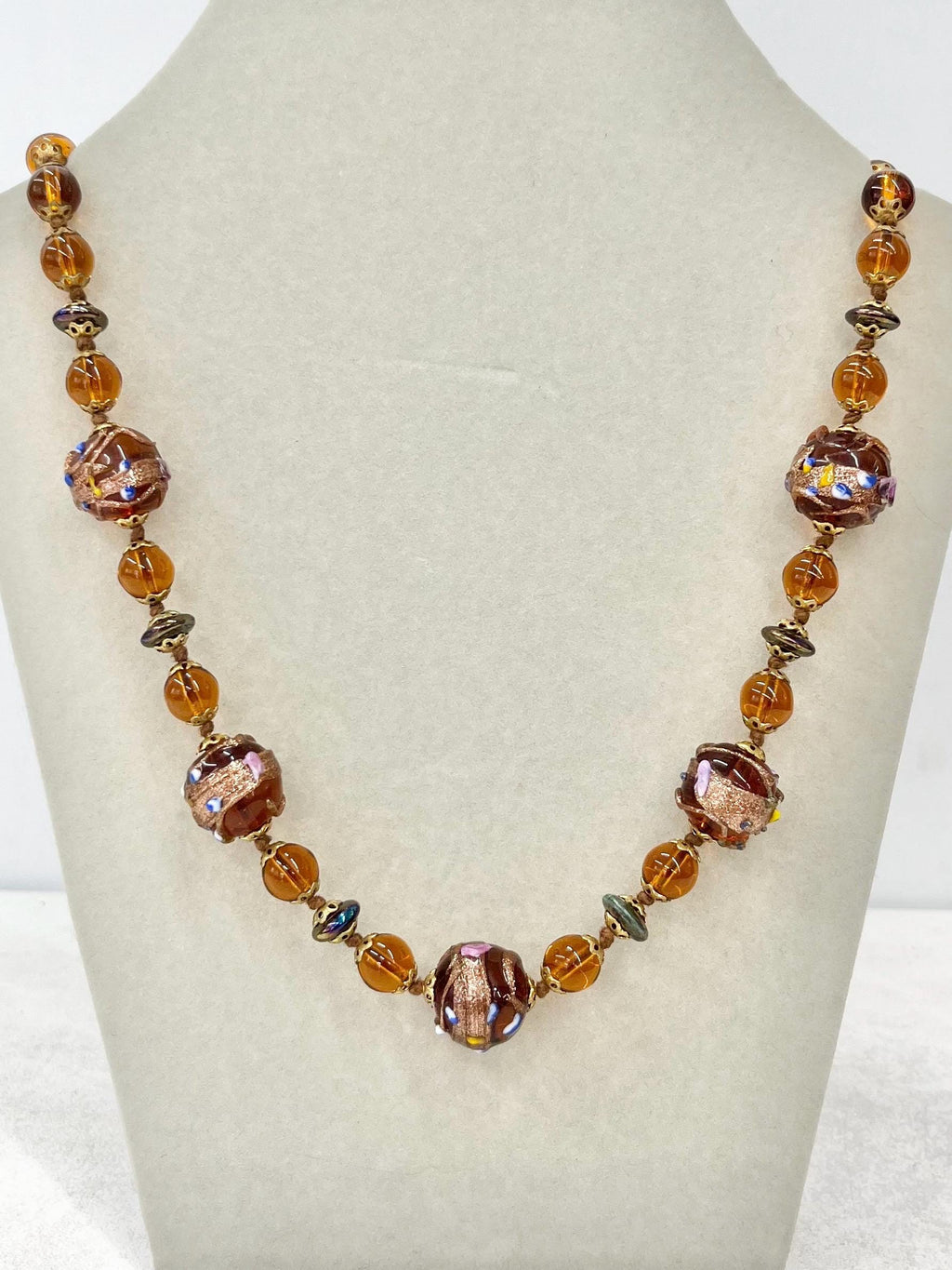 Vintage Venetian Brown & Gold Aventurine Lampwork Glass Wedding Cake Bead Hand Knotted Necklace 25” Long MillyOliverVintage