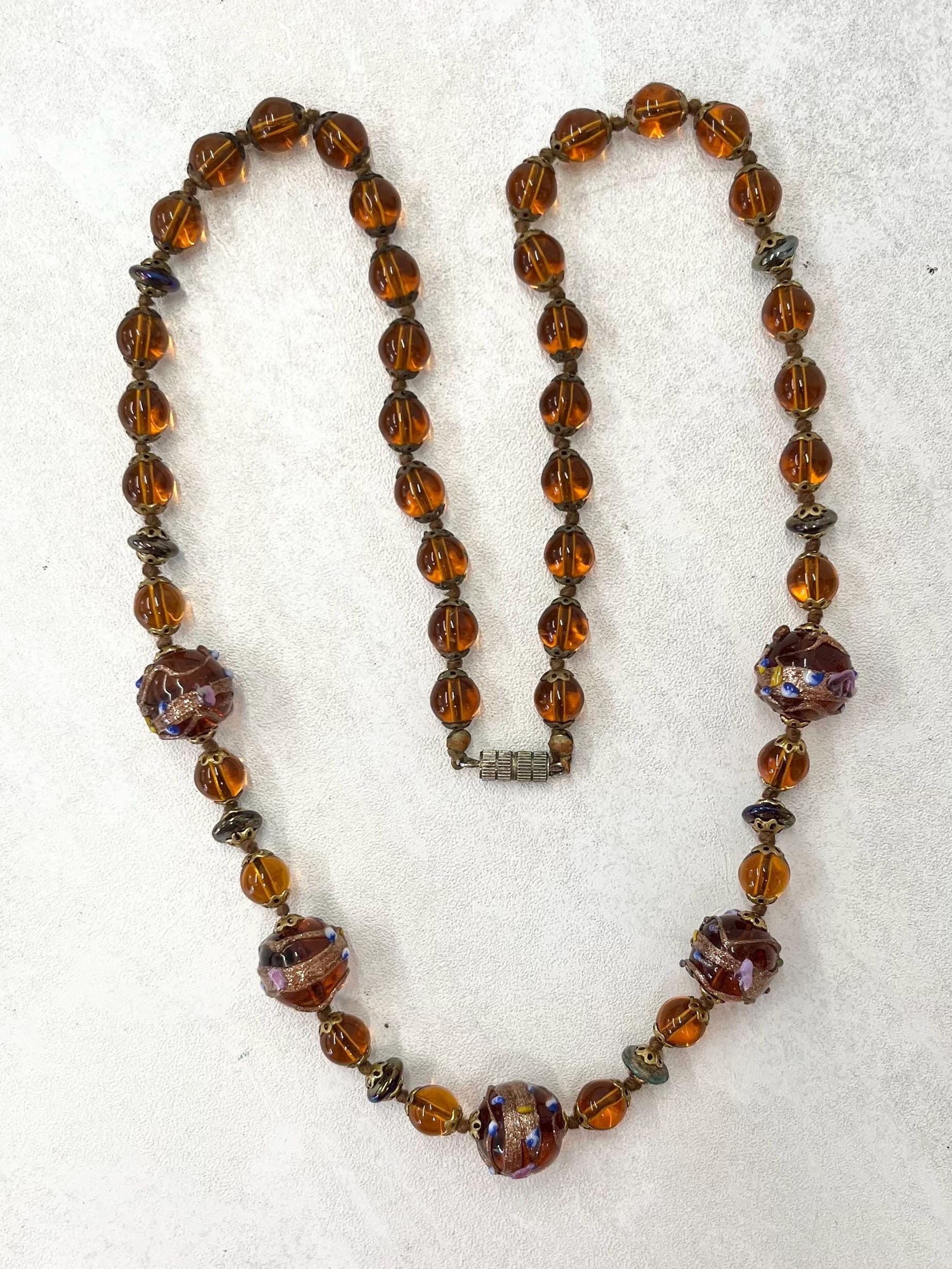 Vintage Venetian Brown & Gold Aventurine Lampwork Glass Wedding Cake Bead Hand Knotted Necklace 25” Long MillyOliverVintage