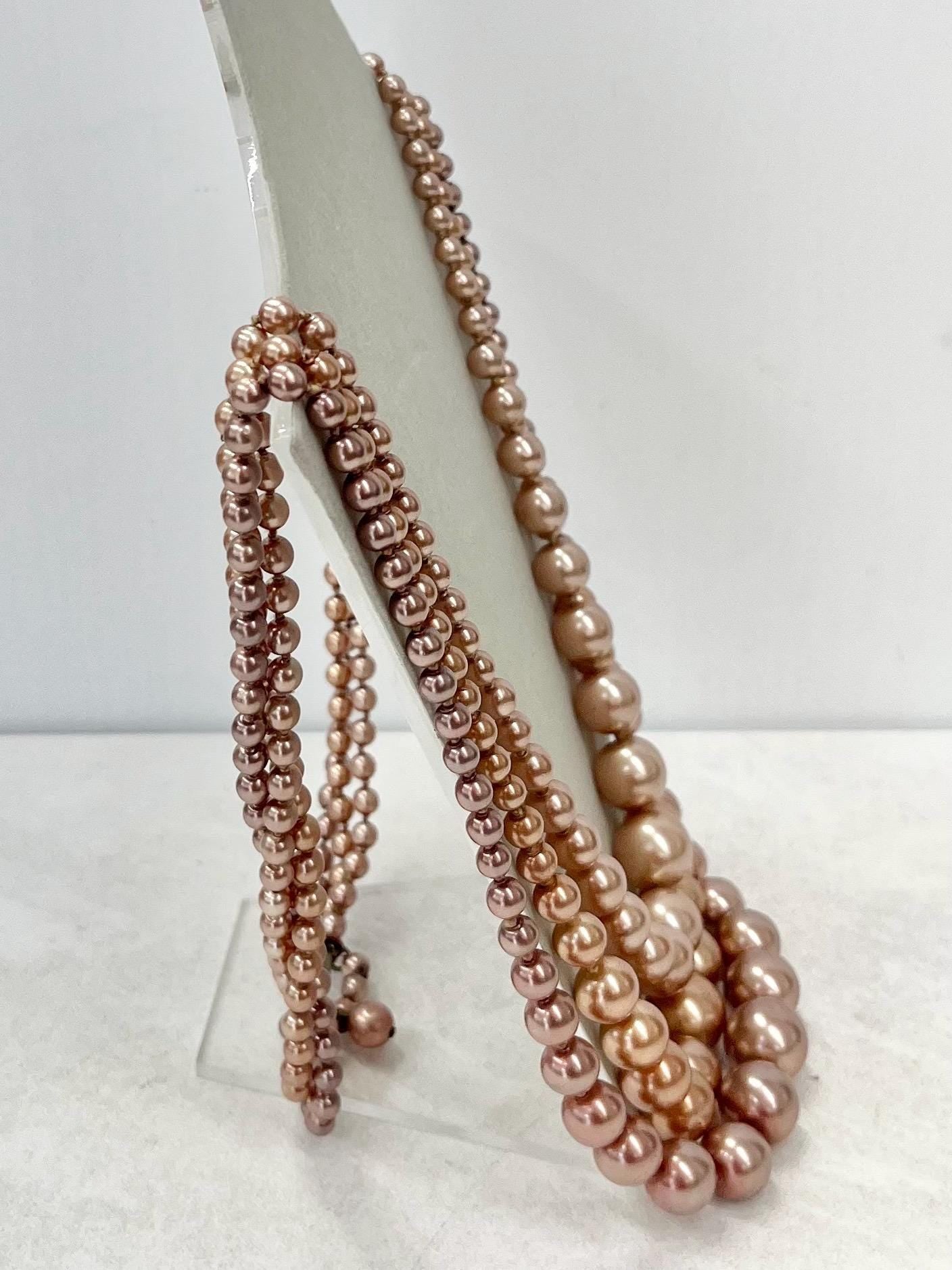 Vintage 1960’s Three Strand Glass Pearl Bead Necklace ln Peach Coloured Tones 32” Long Statement Piece MillyOliverVintage