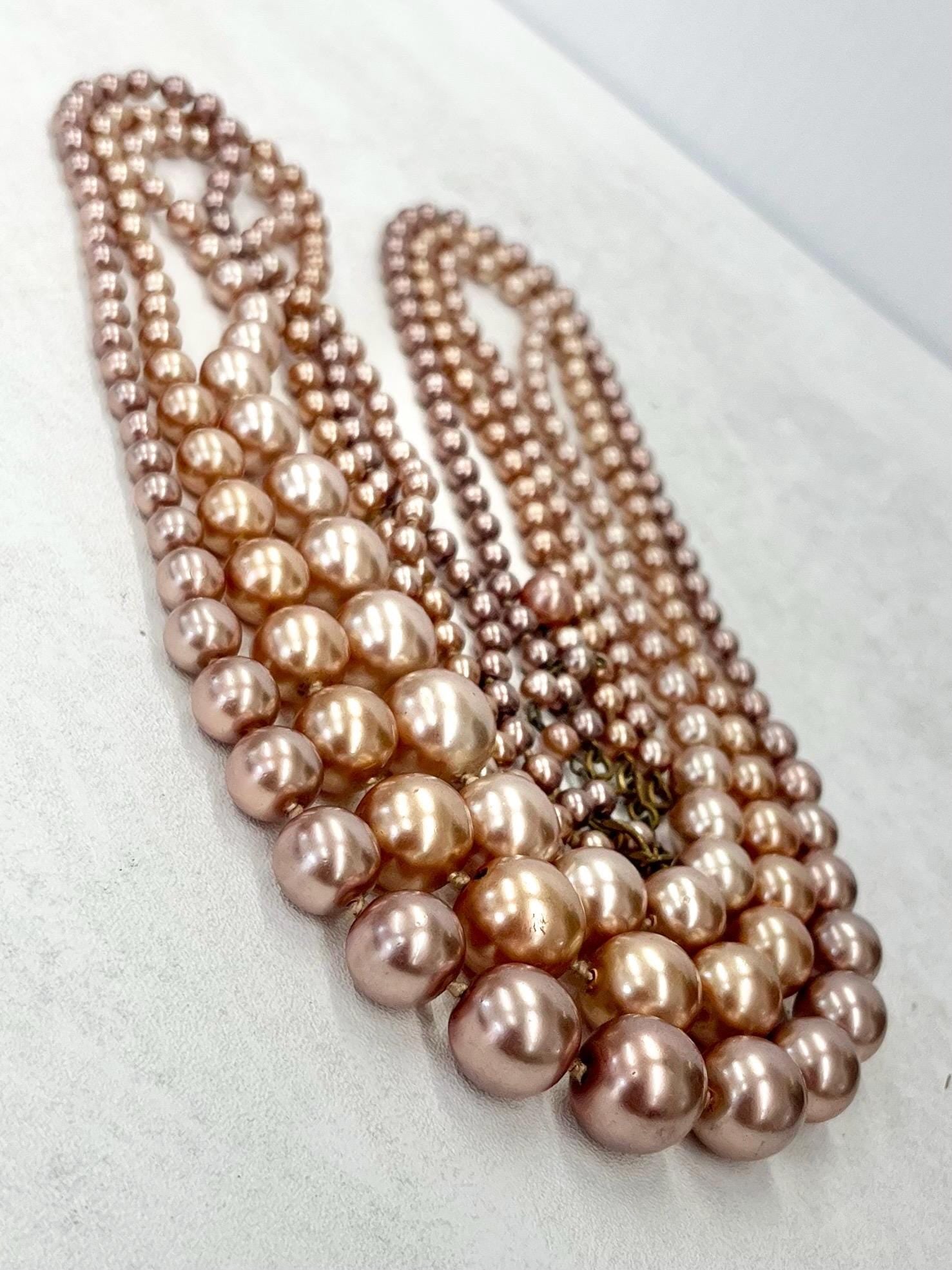 Vintage 1960’s Three Strand Glass Pearl Bead Necklace ln Peach Coloured Tones 32” Long Statement Piece MillyOliverVintage